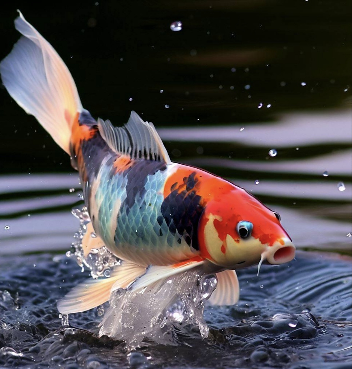 三色锦鲤跃出水面,泛起一朵浪花.