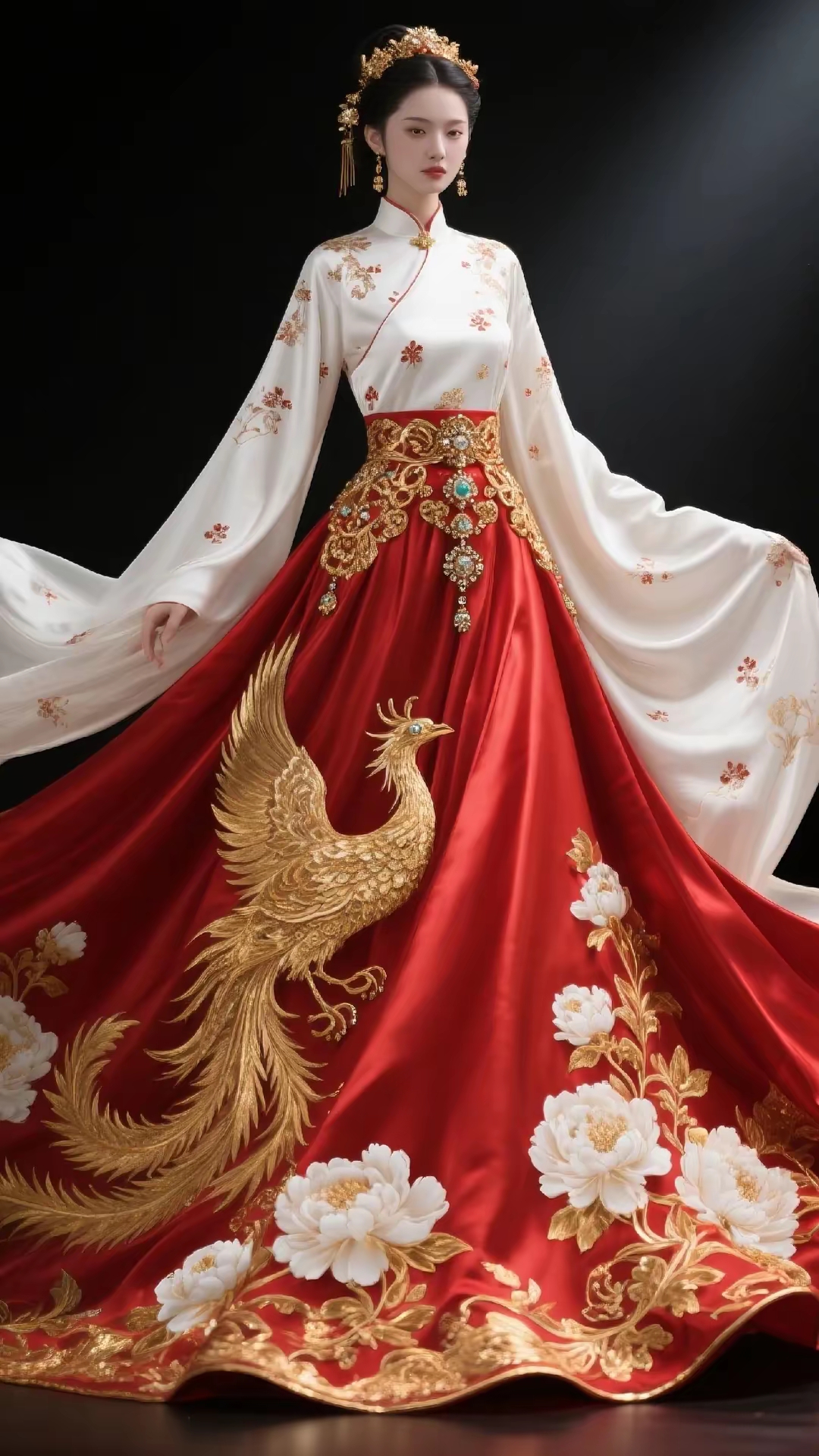 下配绯色罗裙,凤凰振翅欲飞,牡丹雍容盛放,金线勾勒间,尽是皇家气象