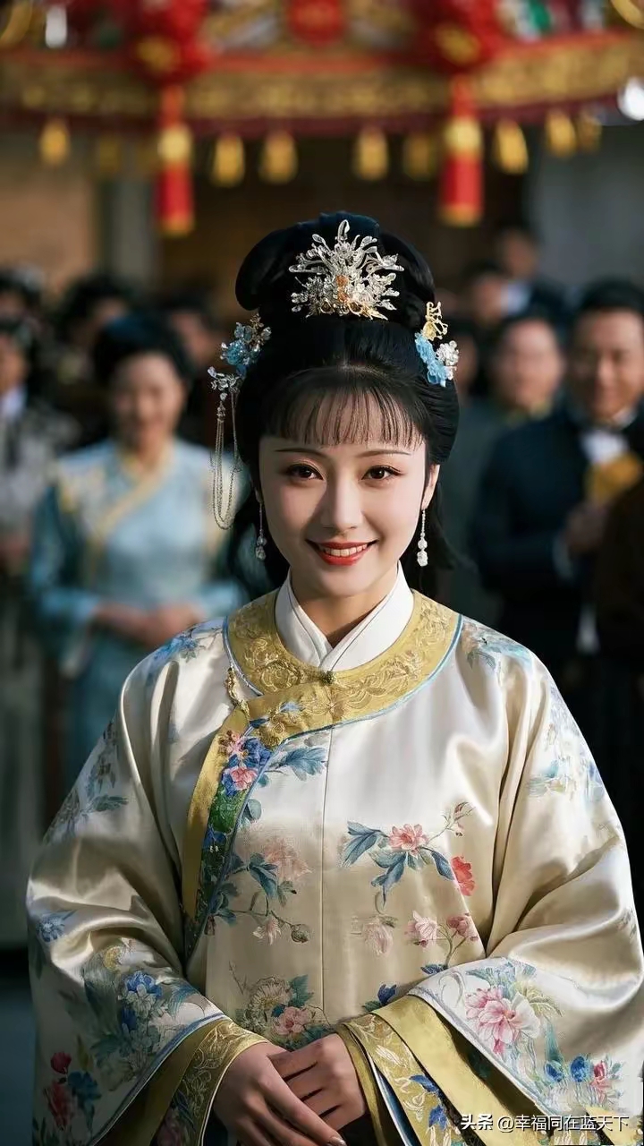 红绸花艳添佳意, 玉面含羞笑嫣然. 吉日良辰迎美眷, 高堂满座乐无边