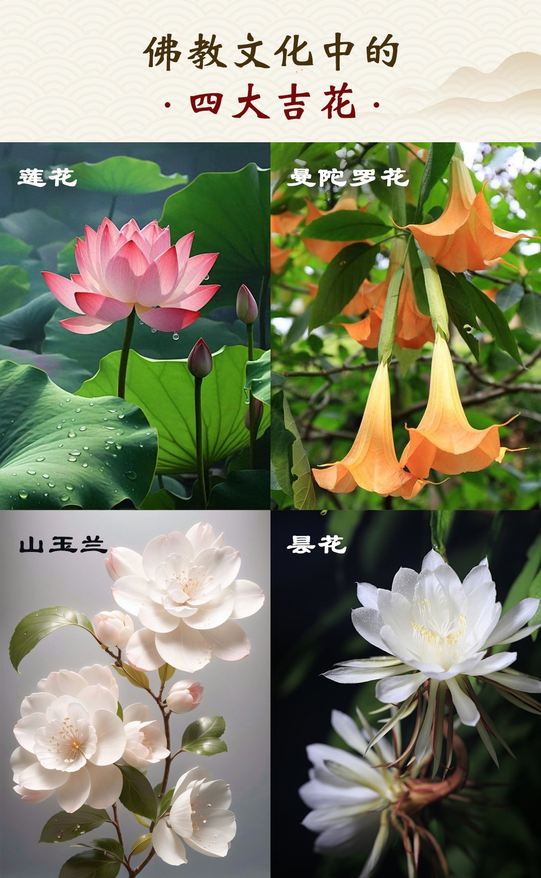 佛教四大吉花:莲花,曼陀罗,山玉兰,县花,寓意吉祥