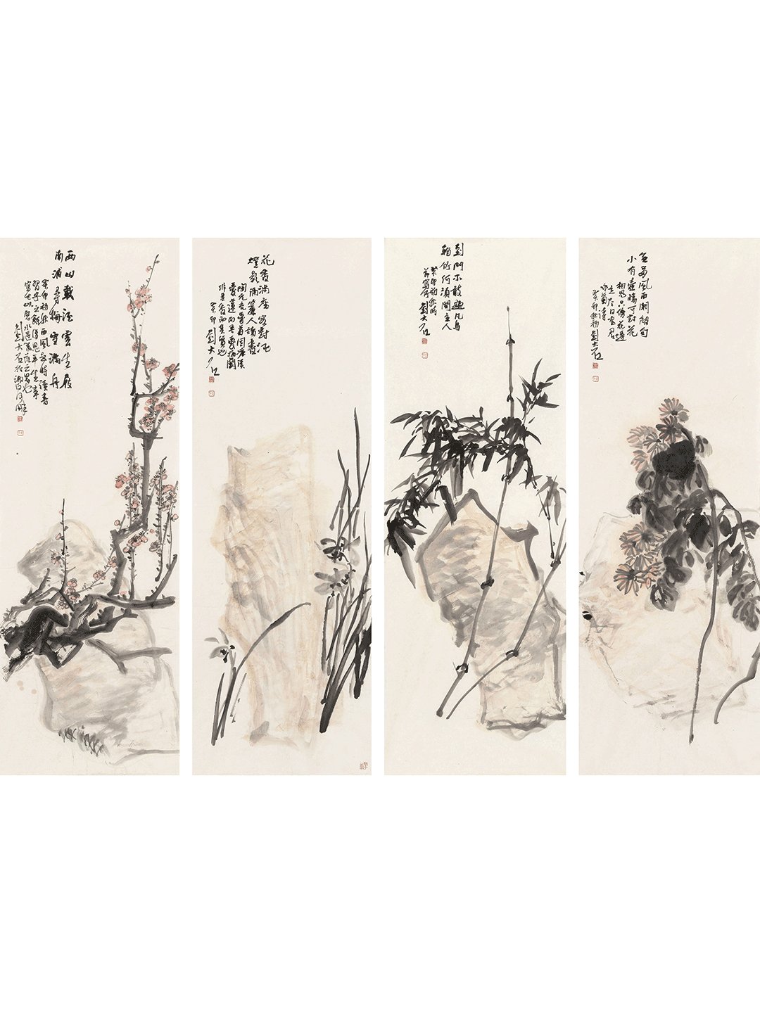 刘大石作品《梅兰竹菊四屏》 琴棋书画诗酒茶 七个意向王东风画家介绍