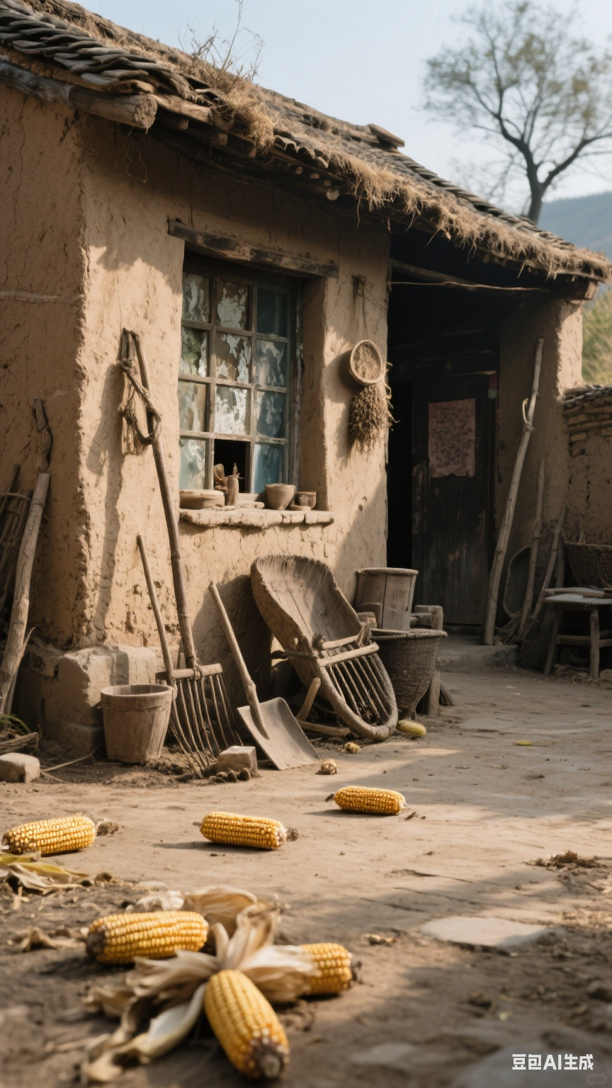 80年代农村古老气息的场景,老旧的土坯房屋前摆放着一些农具,地面上还