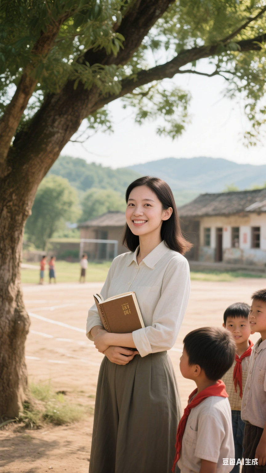 在风景优美的农村小学操场,大树之下,一位面容秀丽