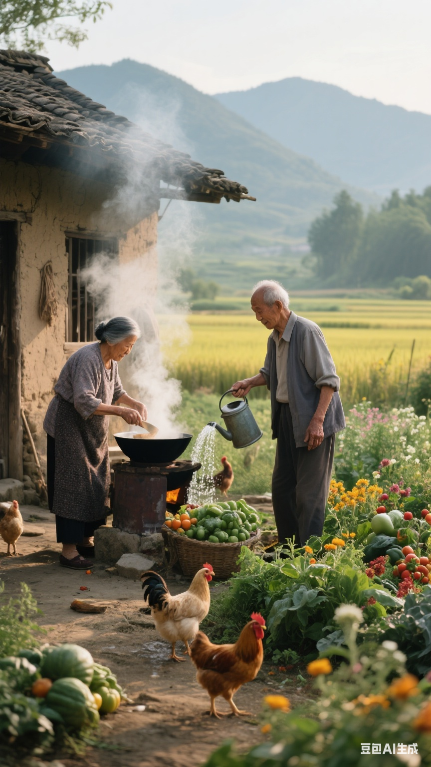 阿公手持水壶,细心地给菜浇水