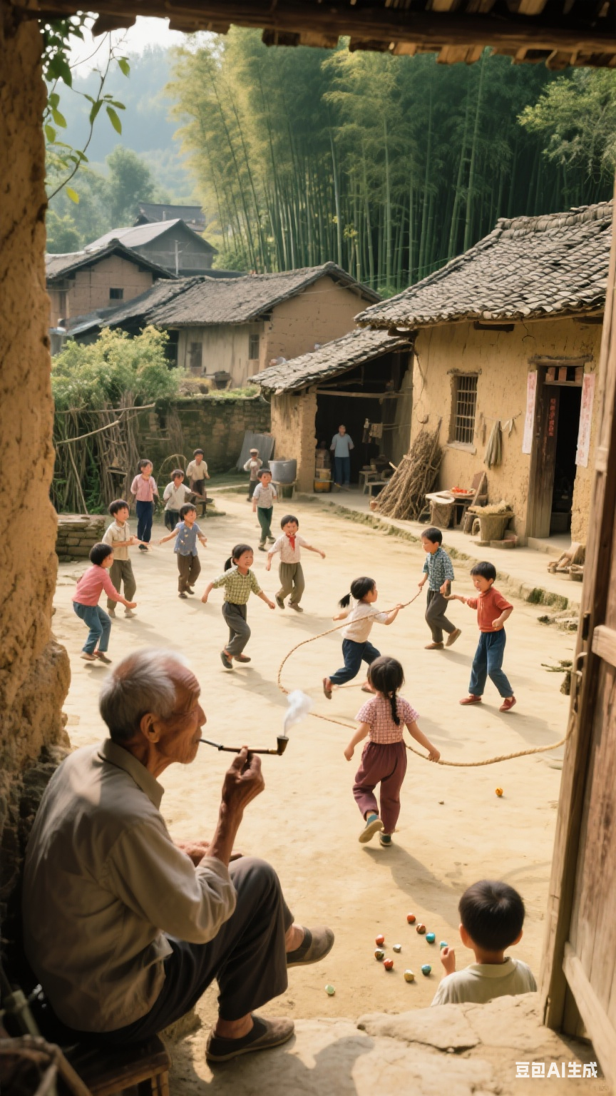 一个热闹的山村小院,一群孩子在院子里嬉笑玩耍,有