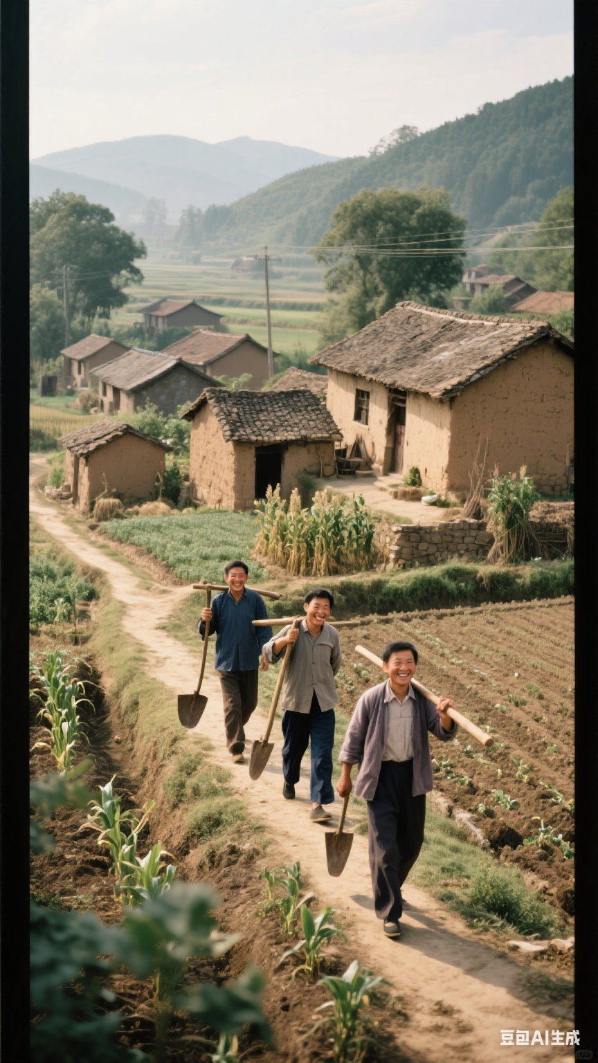 80年代的农村#全民夏日派对# 低矮的土坯房错落有致地分布着,房前屋后
