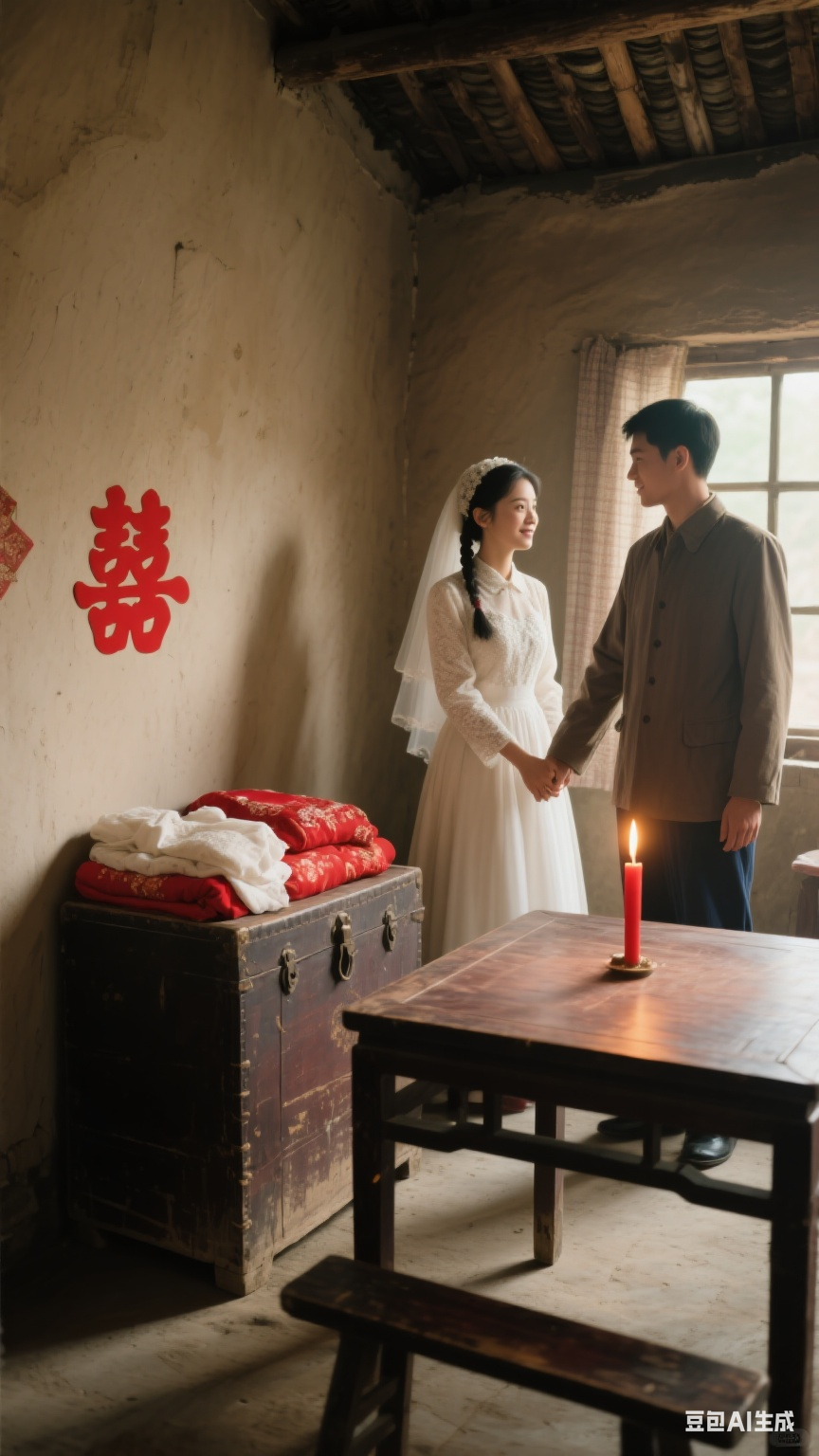 用自然光线和质感光照的写真摄影风格,展现出七八十年代农村结婚的