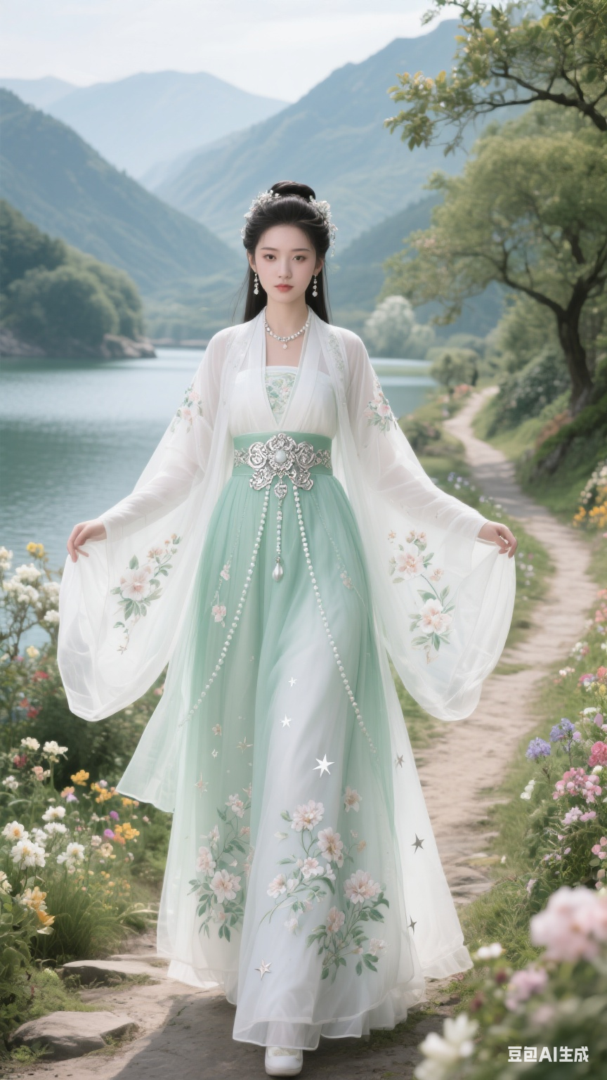 少女穿着一袭美轮美奂的古风长裙,整体色调为清新的浅绿色与白色交织