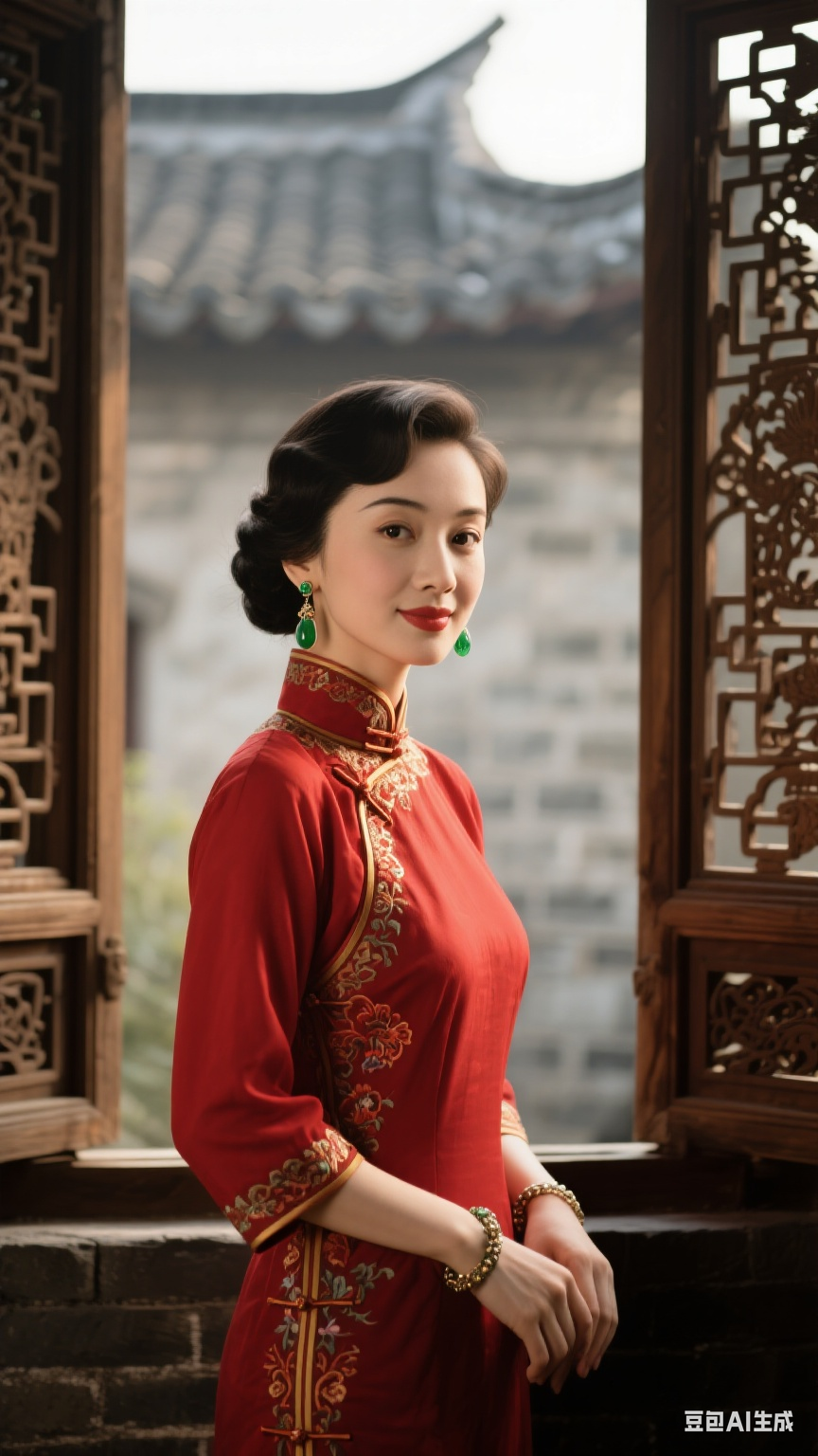 立在廊下,红绸旗袍裹着纤影,金线游走如晚霞中的流云