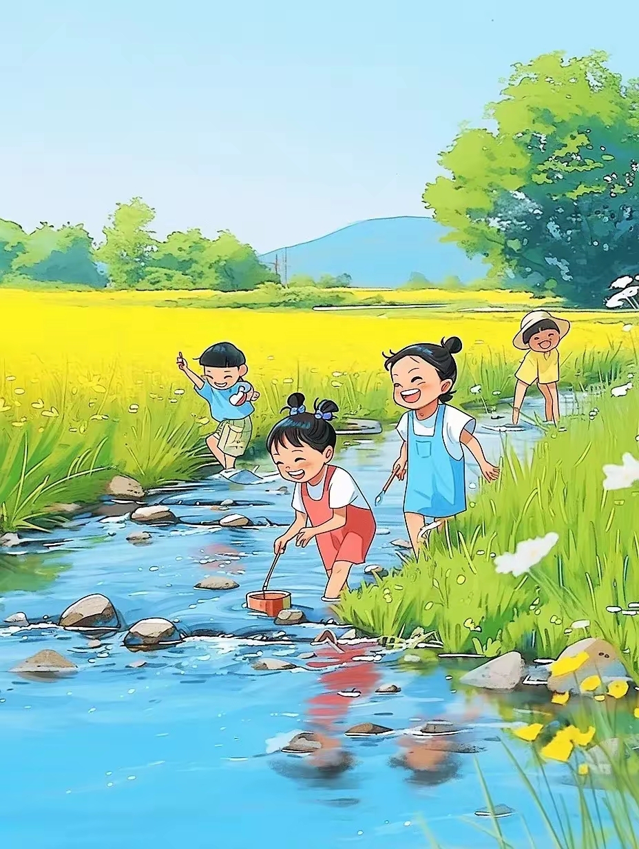 背景中的草地,小山,房子和树木,构成了一幅和谐的乡村风景画