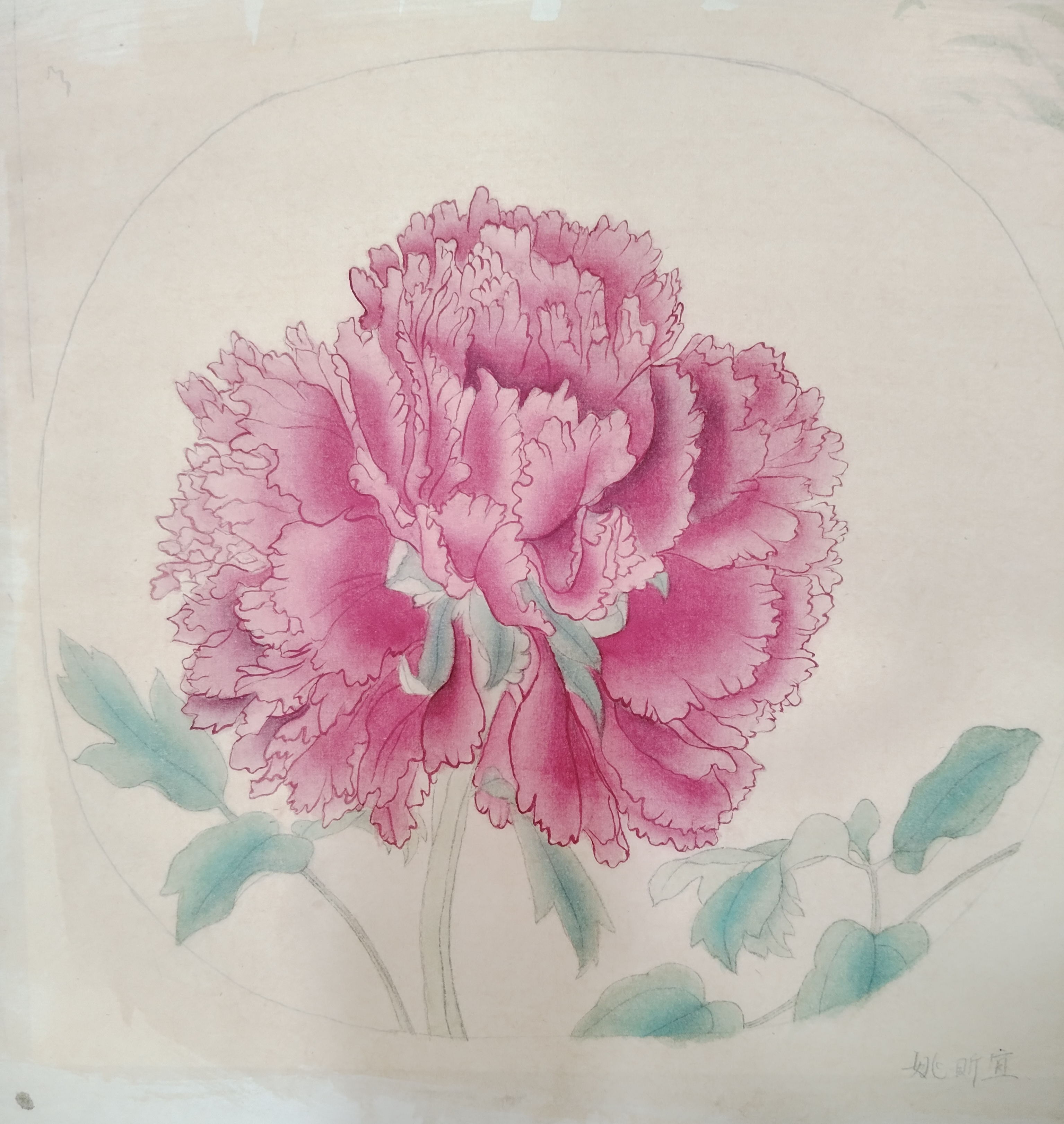 在假期班的尾聲中,姚昕宜加班加点,终于完成了宋工笔画《品字牡丹图》