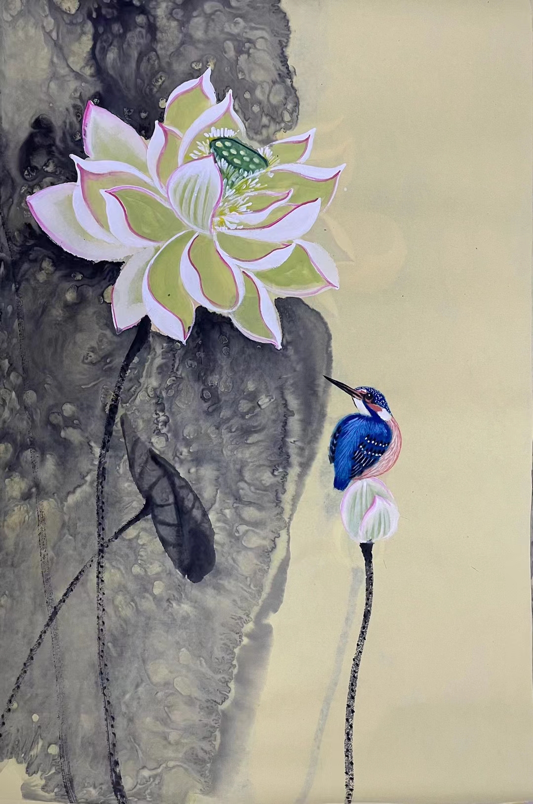 罗加州笔下国画花鸟荷花翠鸟极品作品喜欢的出售哦包邮