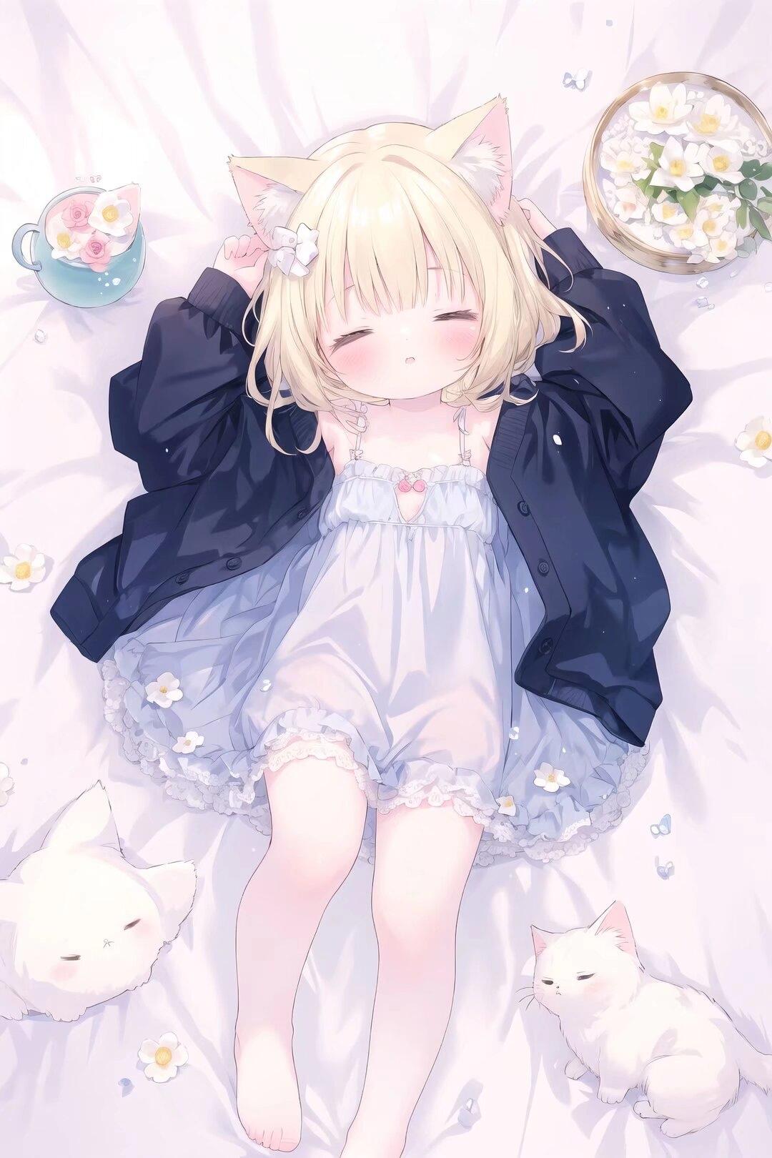 午后,阳光慵懒地洒落,猫咪女孩沉浸于一个恬静而梦幻