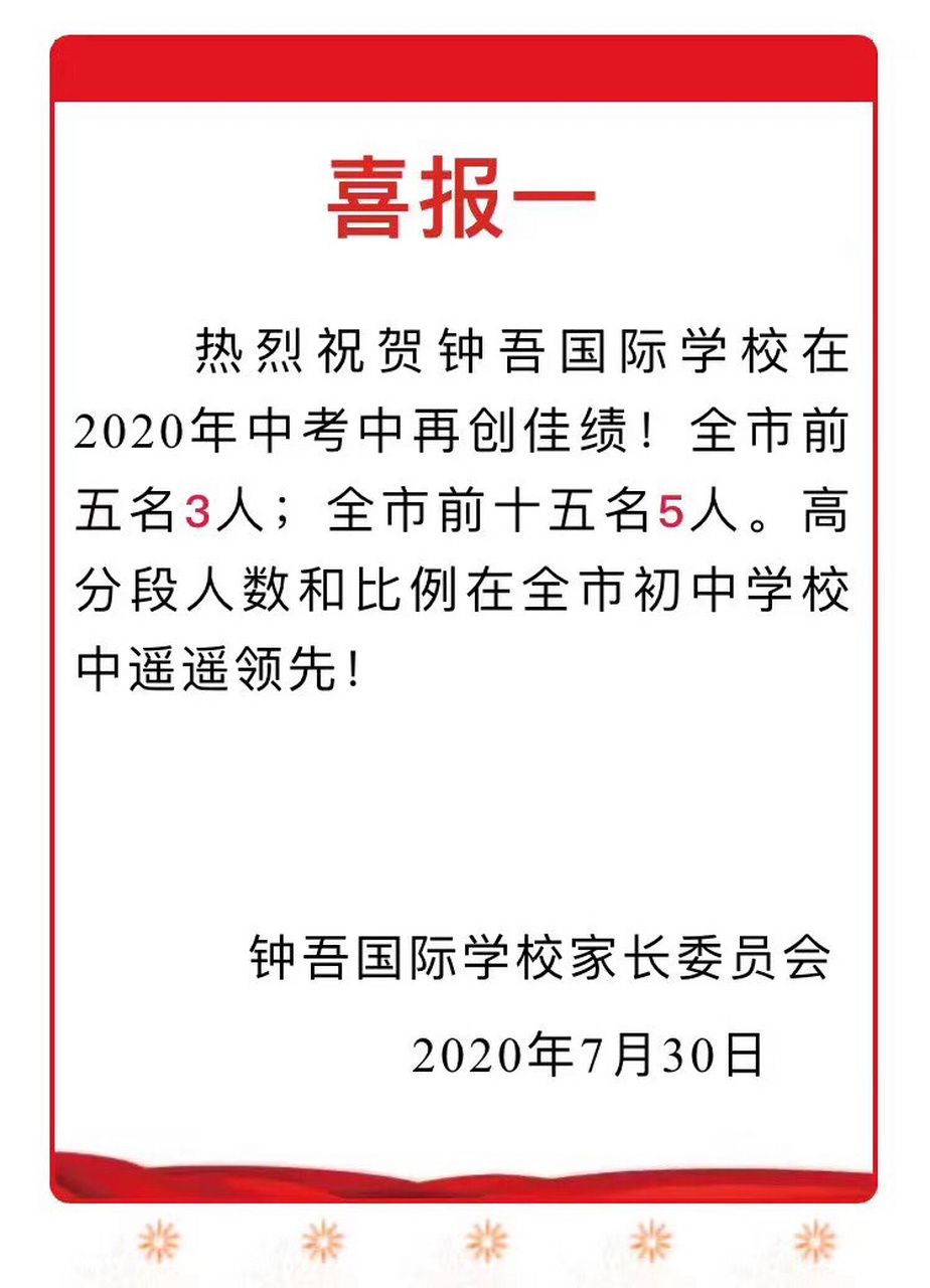 宿迁市钟吾国际学校2020年中考喜报