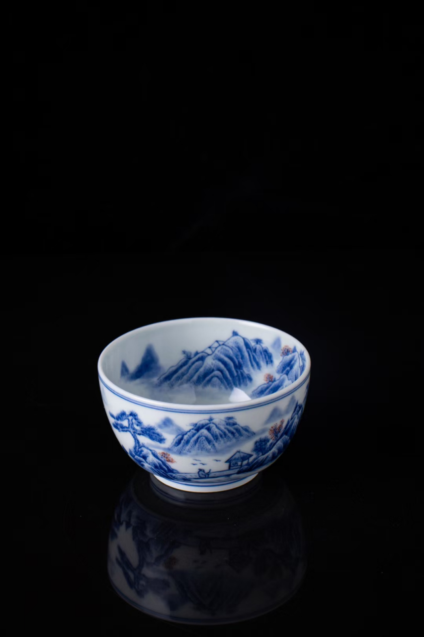 工笔手绘青花内外通景细工山水马蹄大号主人杯功夫茶品茗高档单杯柴窑