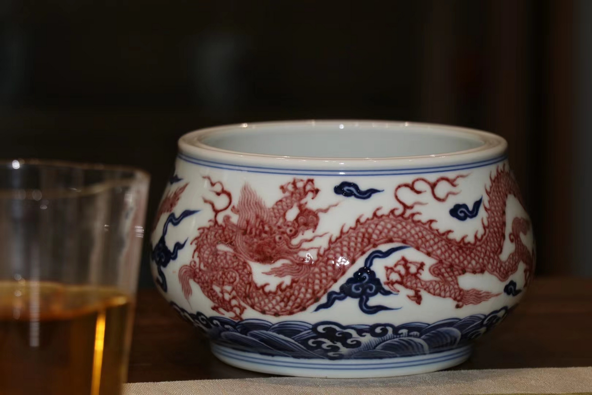 青花釉里红手作双龙水洗苍龙火焰纹高端茶器零道配件功夫茶实用器具