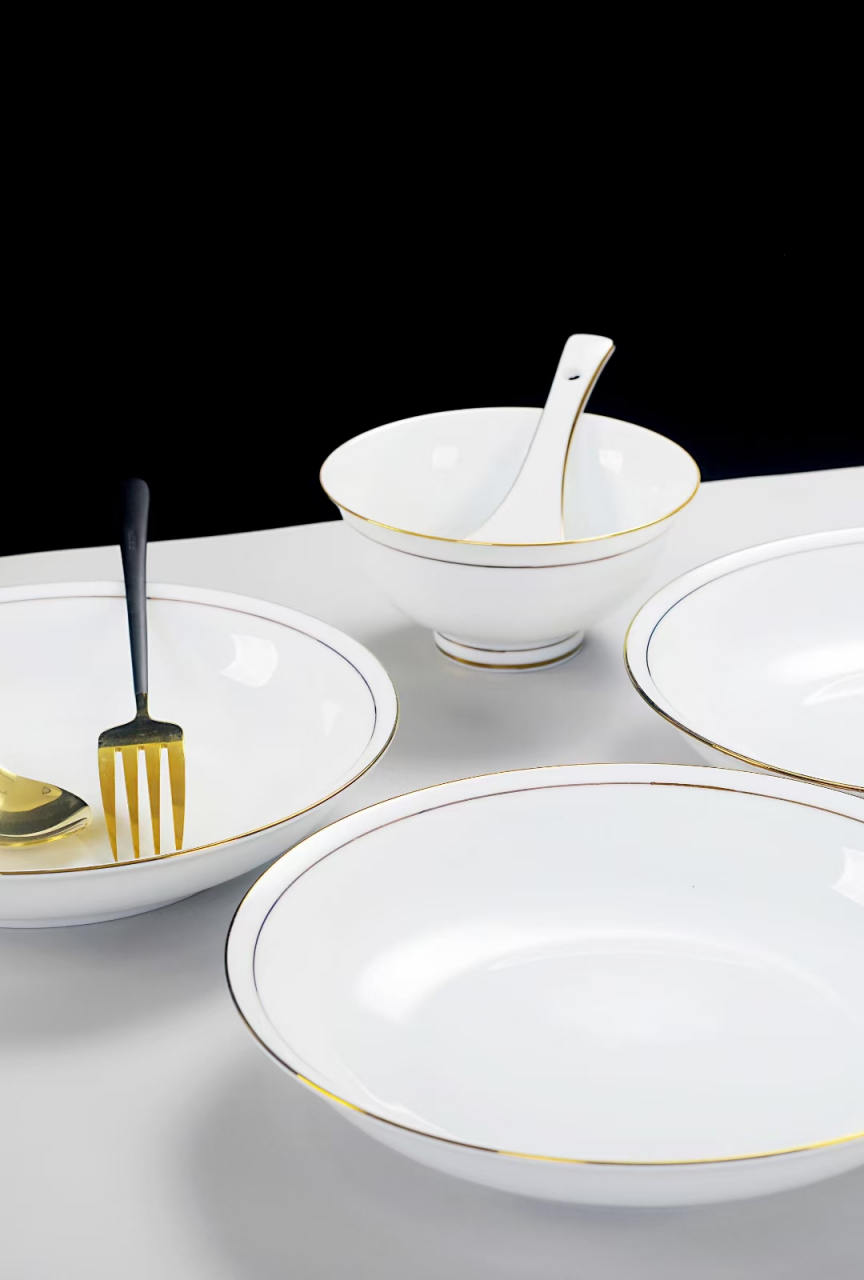 景德镇餐具高档纯白金边高颜值碗盘组合乔迁白瓷碗碟套装家用轻奢56头