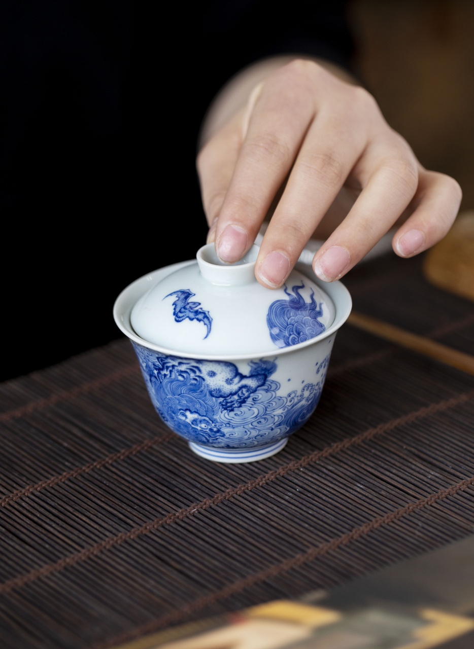 青花精工点绘海水狮子蝙蝠两才盖碗高档岩茶专用泡茶器具景德镇匠人