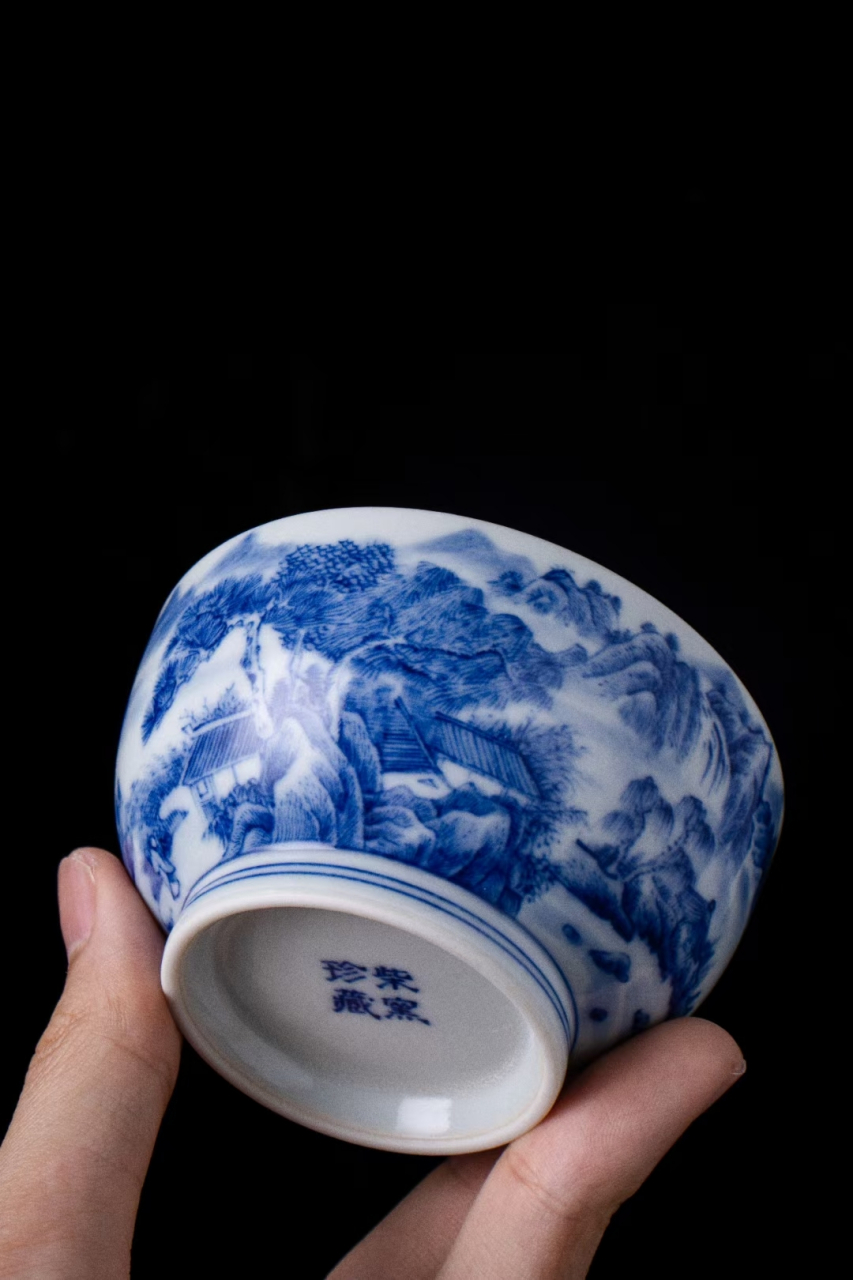 景德手作柴窑珍藏工笔手绘青花山水内外通景高档礼盒礼品茶具主人大号