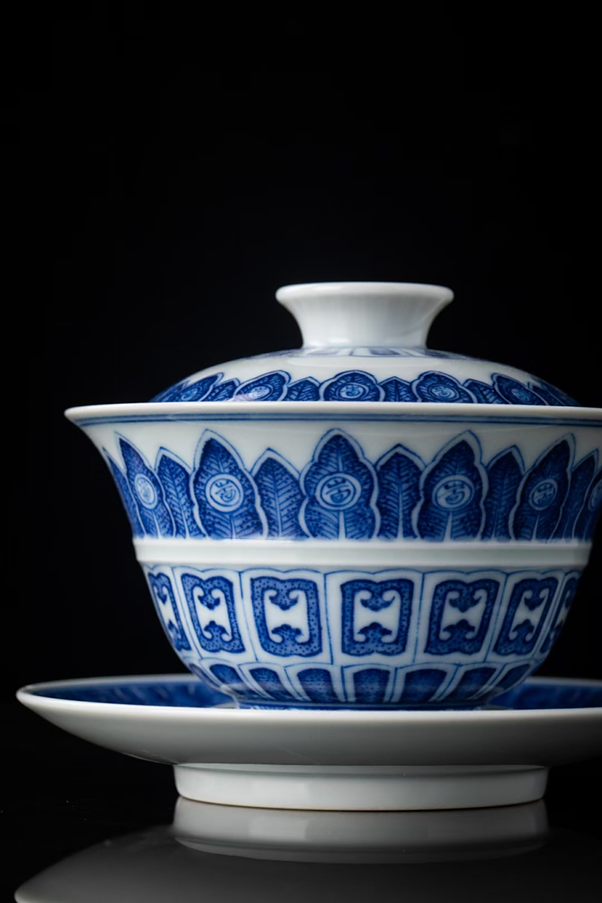 岩茶盖碗套系景德柴窑珍藏款青花点工手绘【大业有成】高档礼品功夫