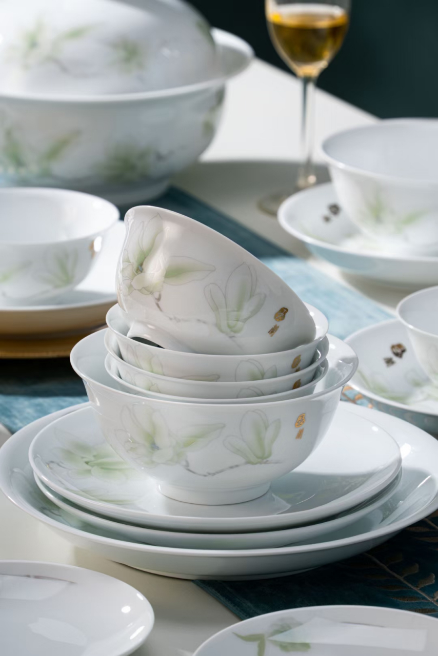 素雅 白瓷餐具套装碗碟套装家用简约中式高温釉中彩陶瓷餐具组合