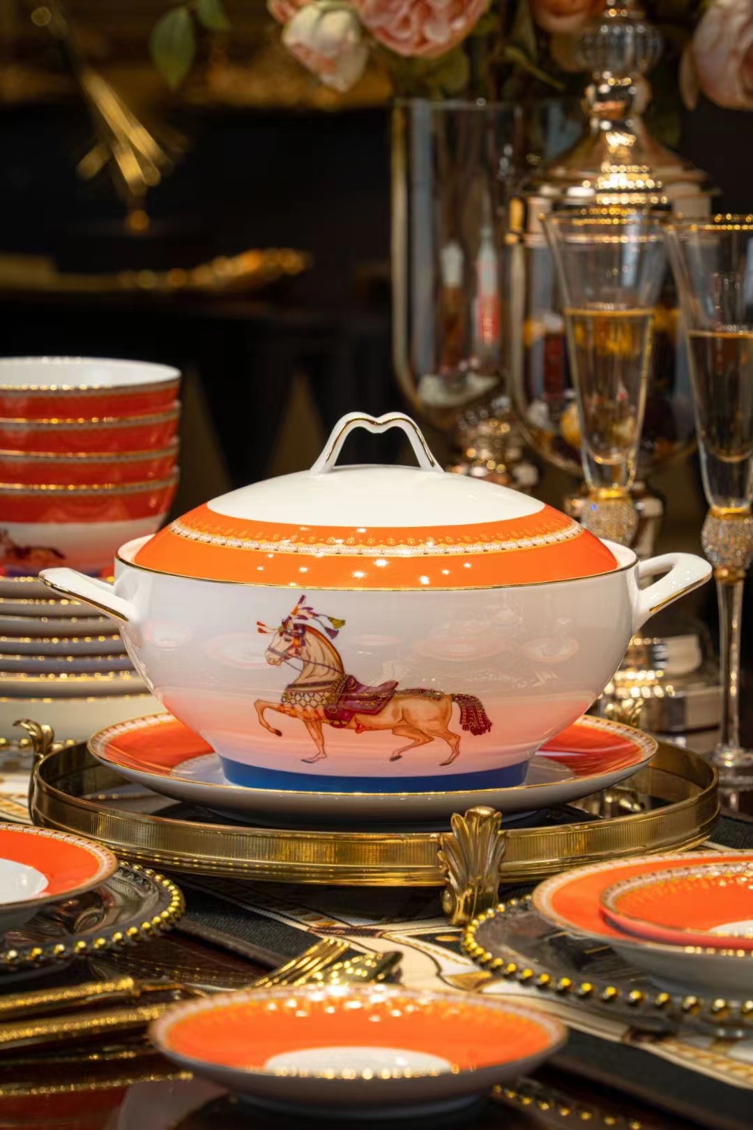 景德镇高档陶瓷白瓷餐具爱马仕欧式风汤碗碟套装家用组合乔迁轻奢宫廷