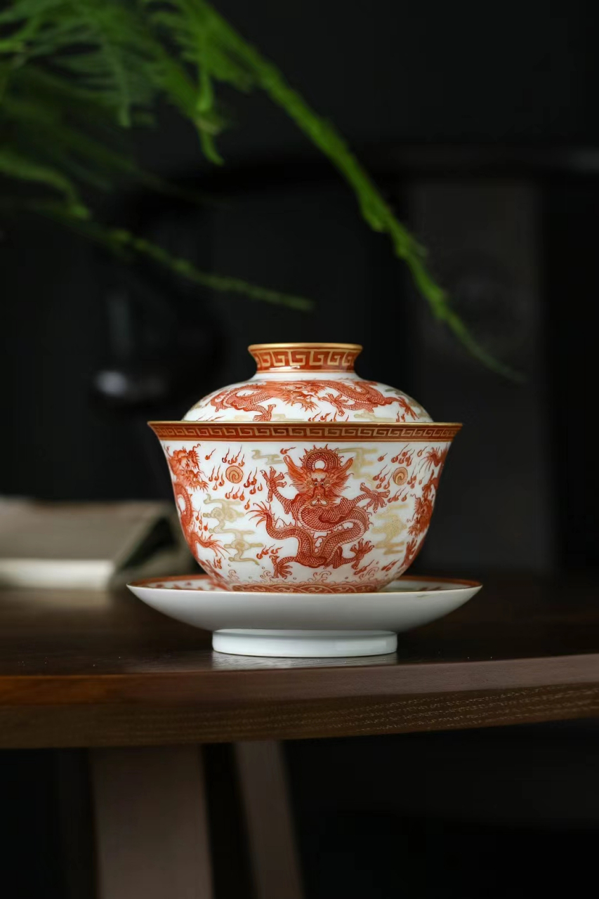 矾红手绘龙纹三才盖碗泡茶器自用送礼景德镇陶瓷中式手工功夫茶具九龙