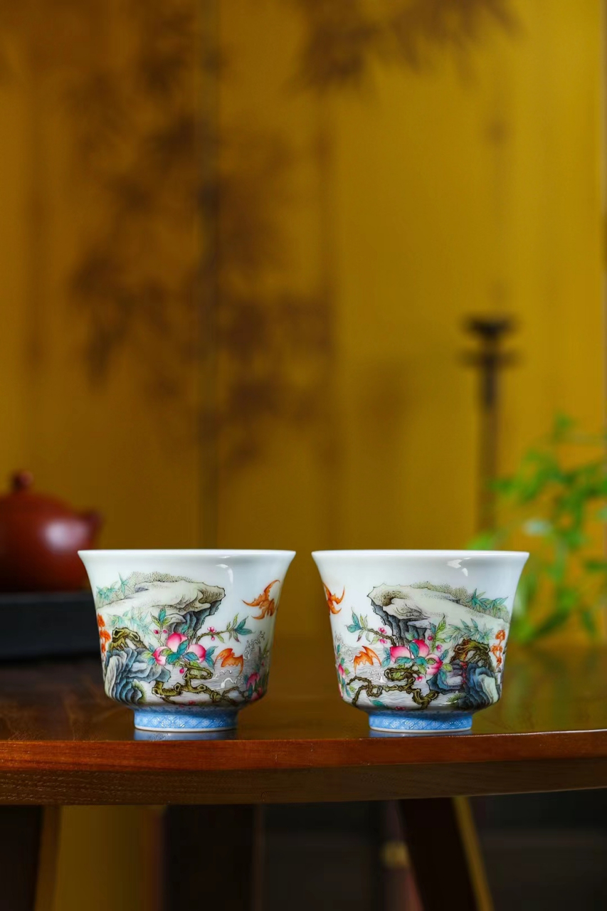 翠边珐琅彩福山寿海精工仿古陶瓷手作珍藏高端主人杯功夫茶马蹄型单杯