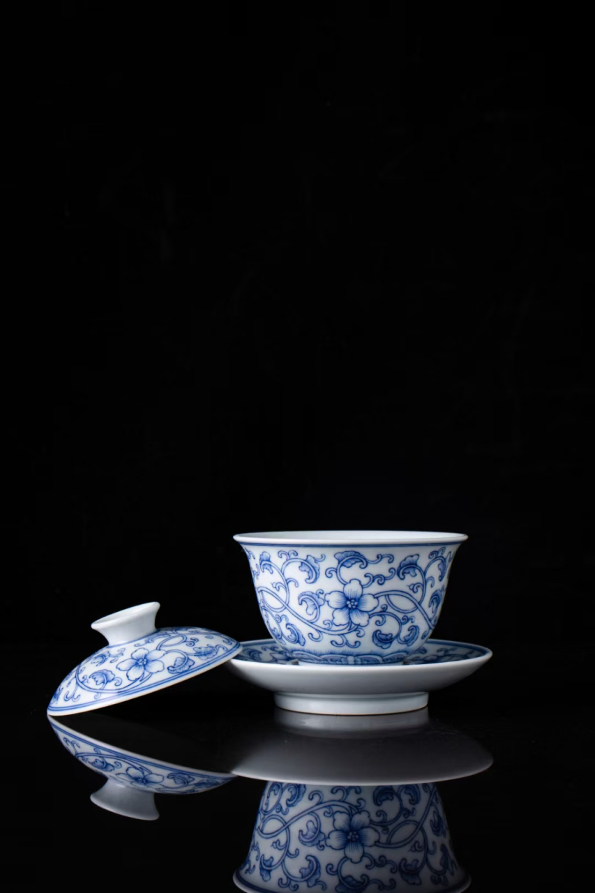 高档手绘淡描缠枝花卉功夫岩茶专用茶具三才小盖碗套系品茗四杯茶杯