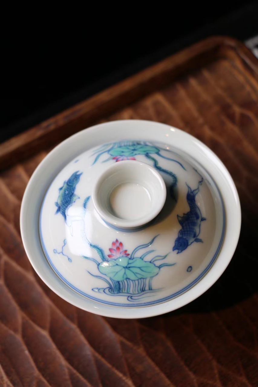 斗彩手绘工艺鱼藻纹经典茶器两才盖碗永乐压手杯大壶承果盘景德镇一线