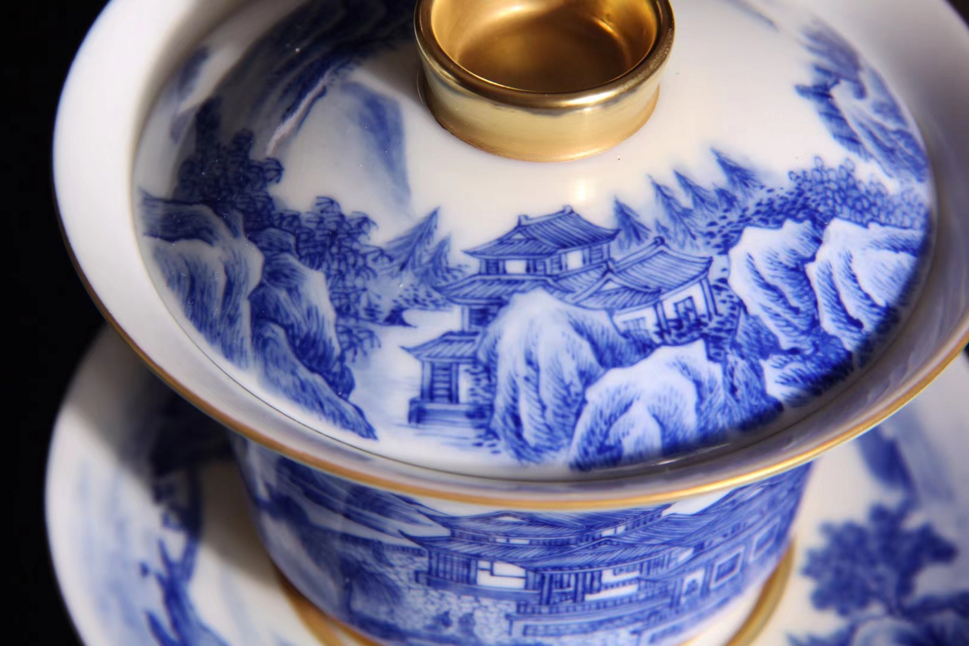 青花工笔手绘亭台楼阁山水镶本金高端茶器泡茶盖碗配品茗茶杯 盖碗