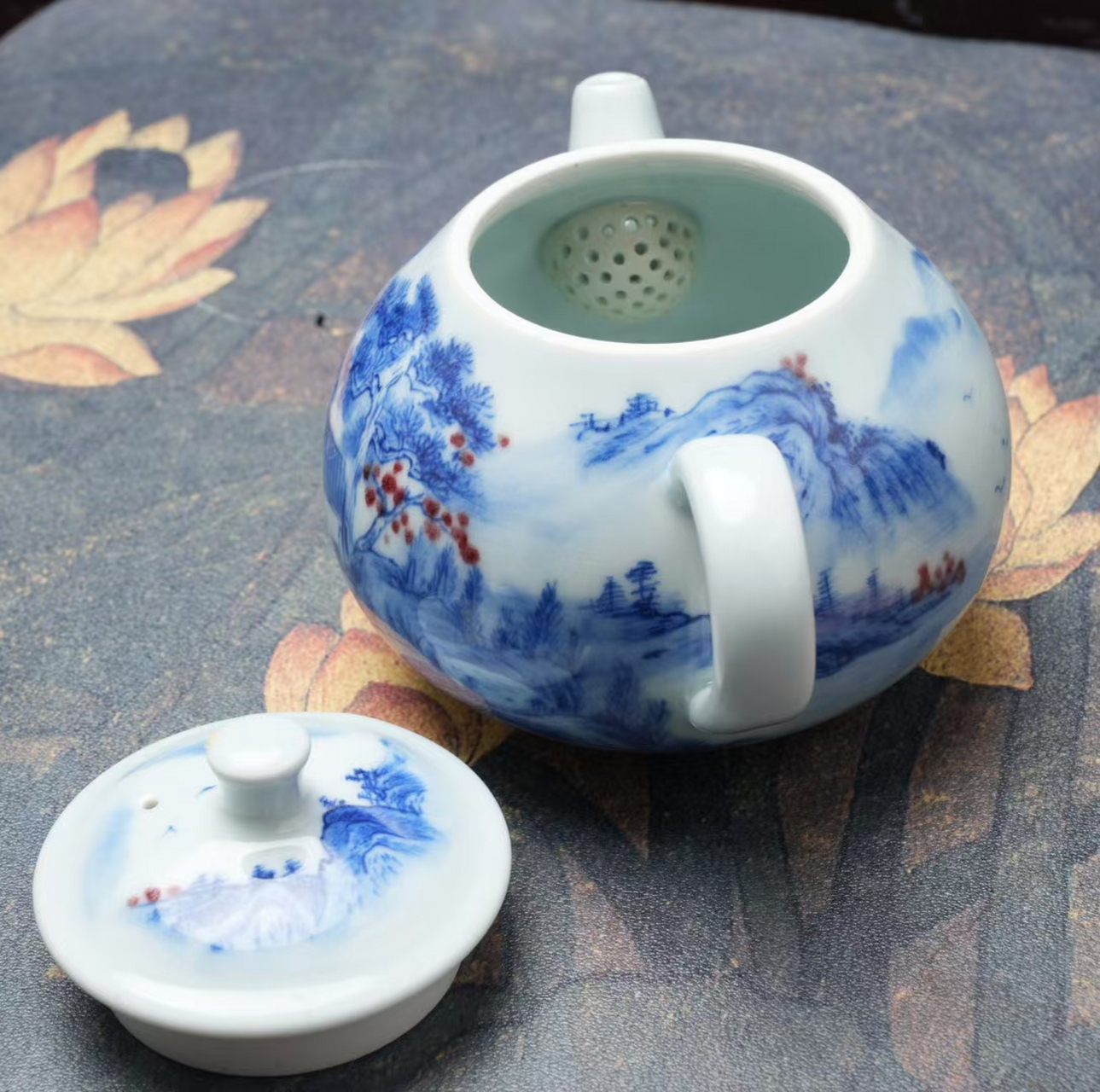 景德镇青花釉里红江南山水富春山居图球孔泡茶壶手工手绘茶具配件