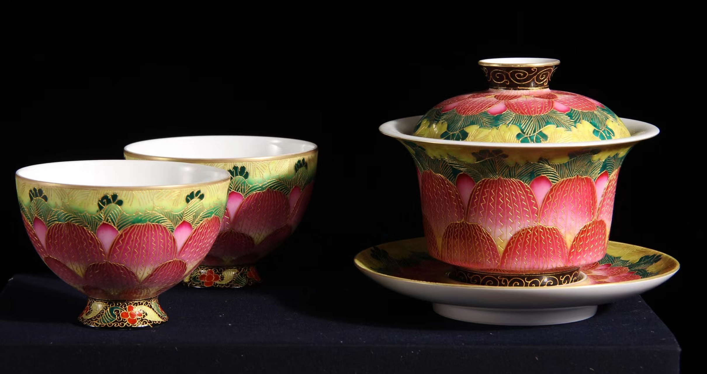 掐丝珐琅手工满绘莲瓣花纹马蹄型三才盖碗景德珍藏高端功夫茶器茶具套