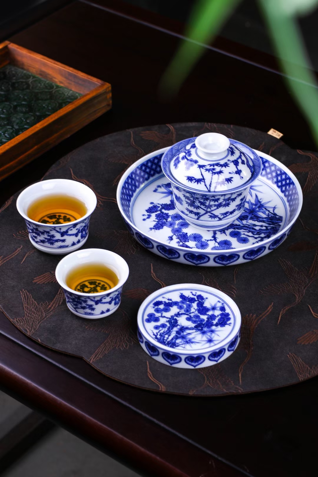 青花瓷功夫茶具套装满花釉下彩仿古陶瓷家用办公简约盖碗茶杯礼盒精致