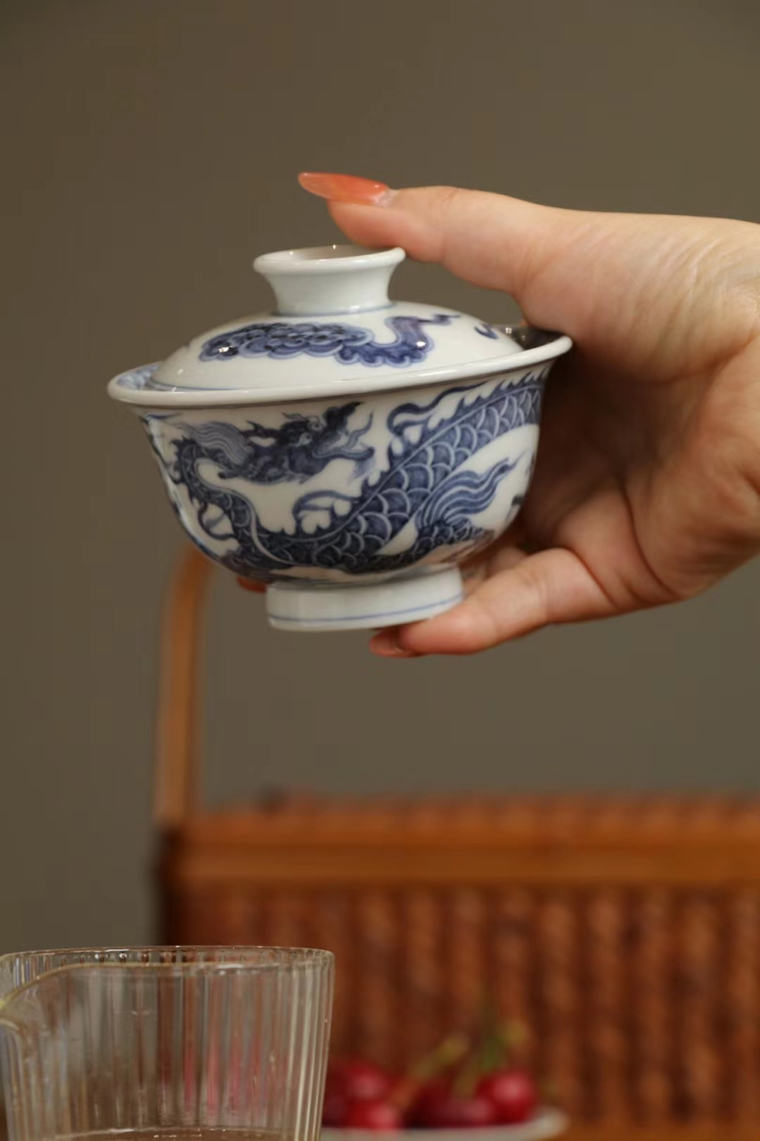 元代青花铠甲龙纹两才盖碗景德镇精工仿古手绘陶瓷功夫岩茶器具收藏