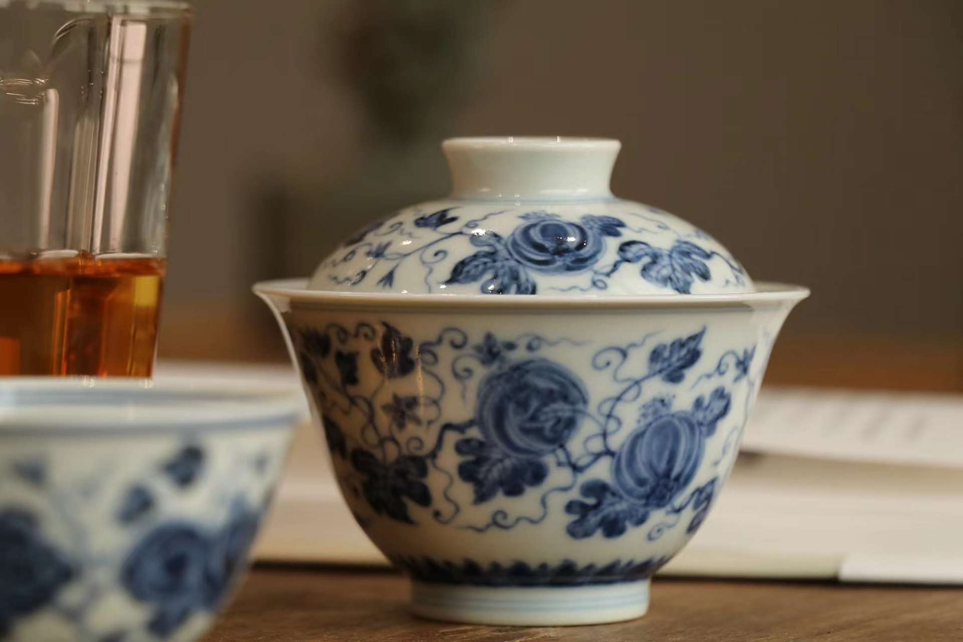 青花手绘西瓜套组独家配制釉水仿明代素雅青花高端功夫茶具套装 盖碗