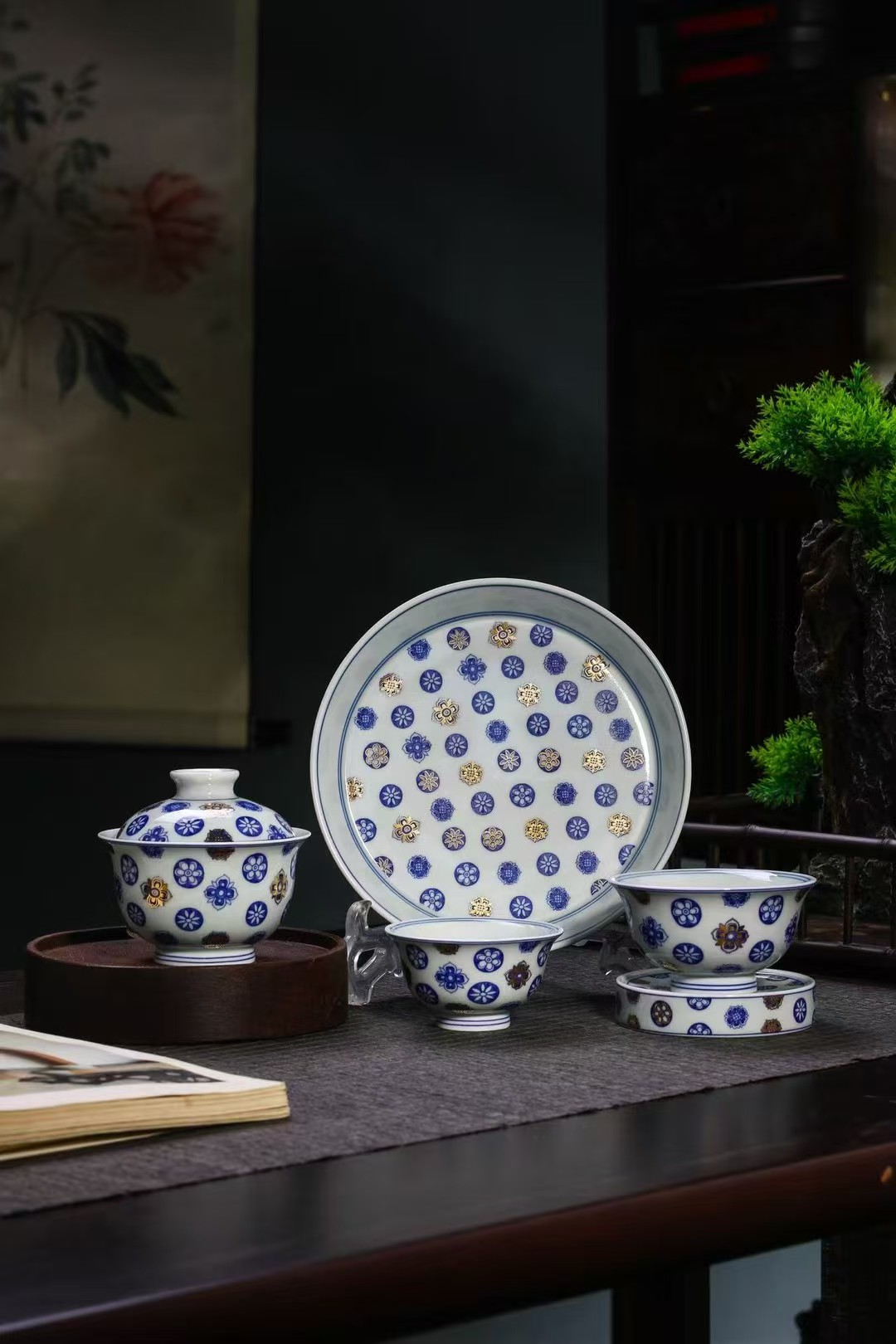 景德镇陶瓷精致小套茶具青花堆金皮球花高档泡茶盖碗压手杯大壶承