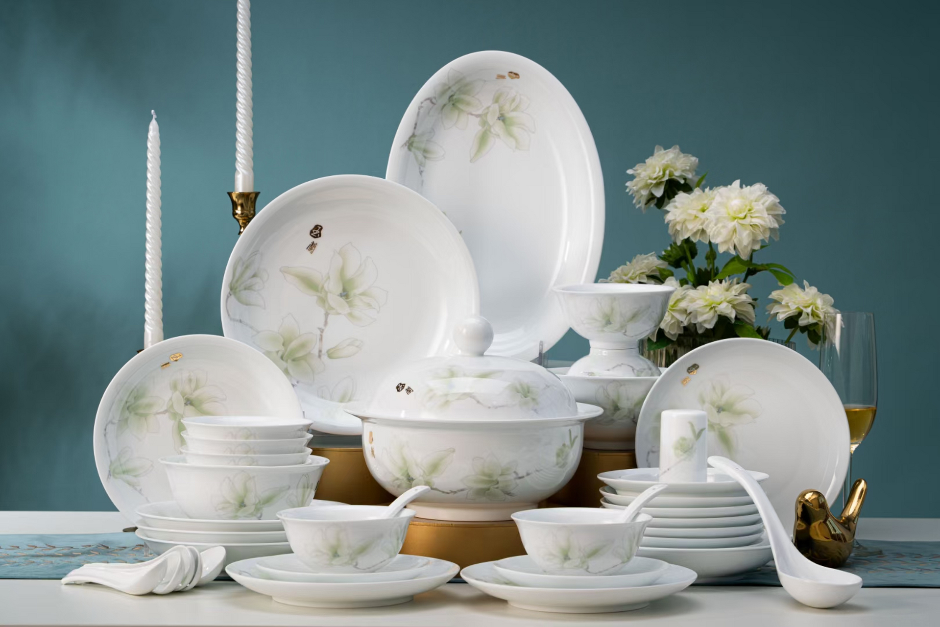 素雅 白瓷餐具套装碗碟套装家用简约中式高温釉中彩陶瓷餐具组合