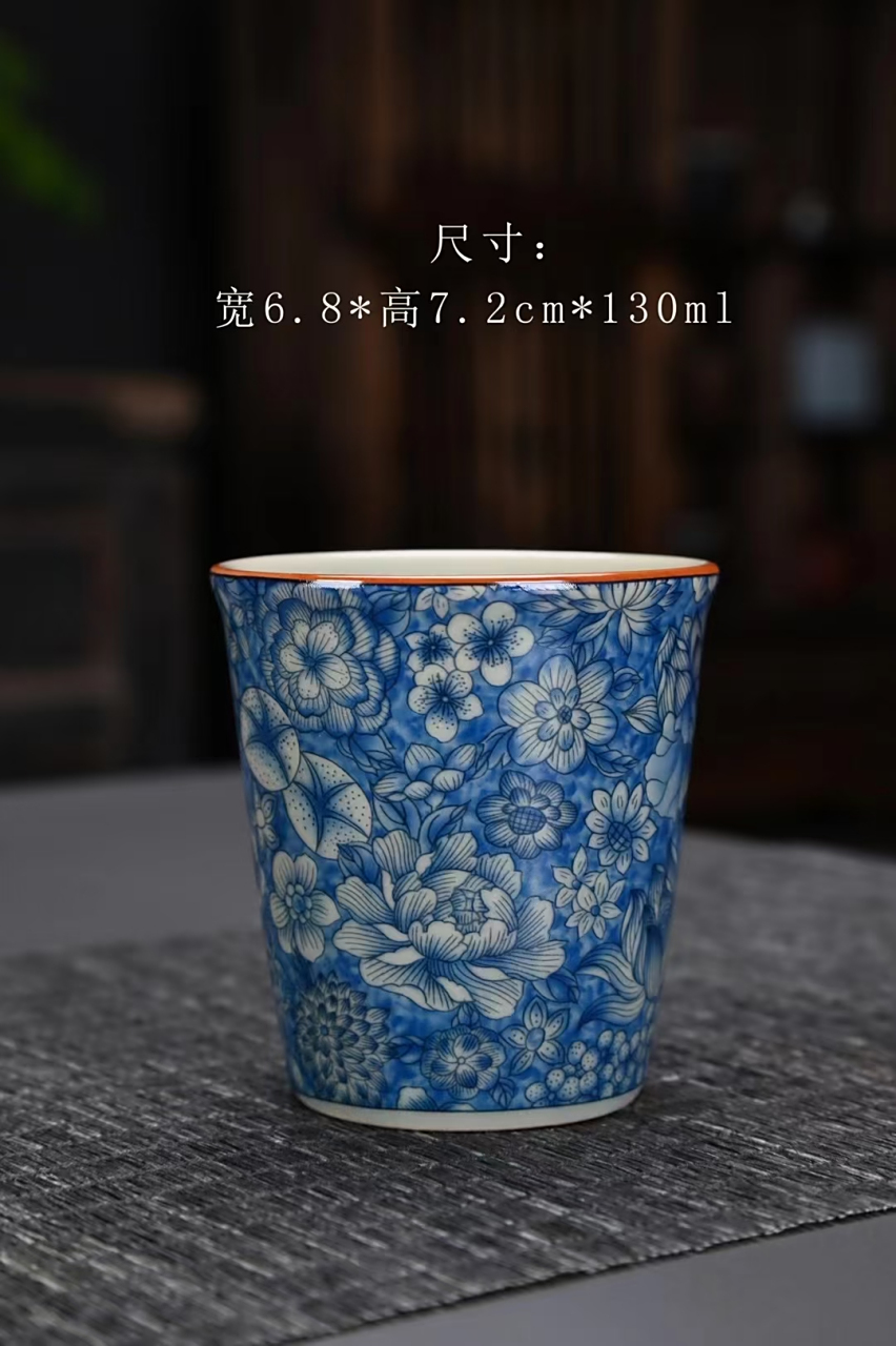 老陶泥冰裂青花万花可乐杯 景德镇手工茶具陶瓷手握杯茶杯子家用随手