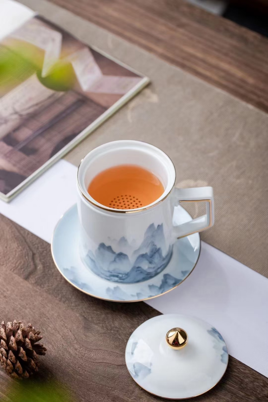 景德镇制陶瓷茶杯中式办公室带盖茶漏过滤茶水分离男士高档杯子千里