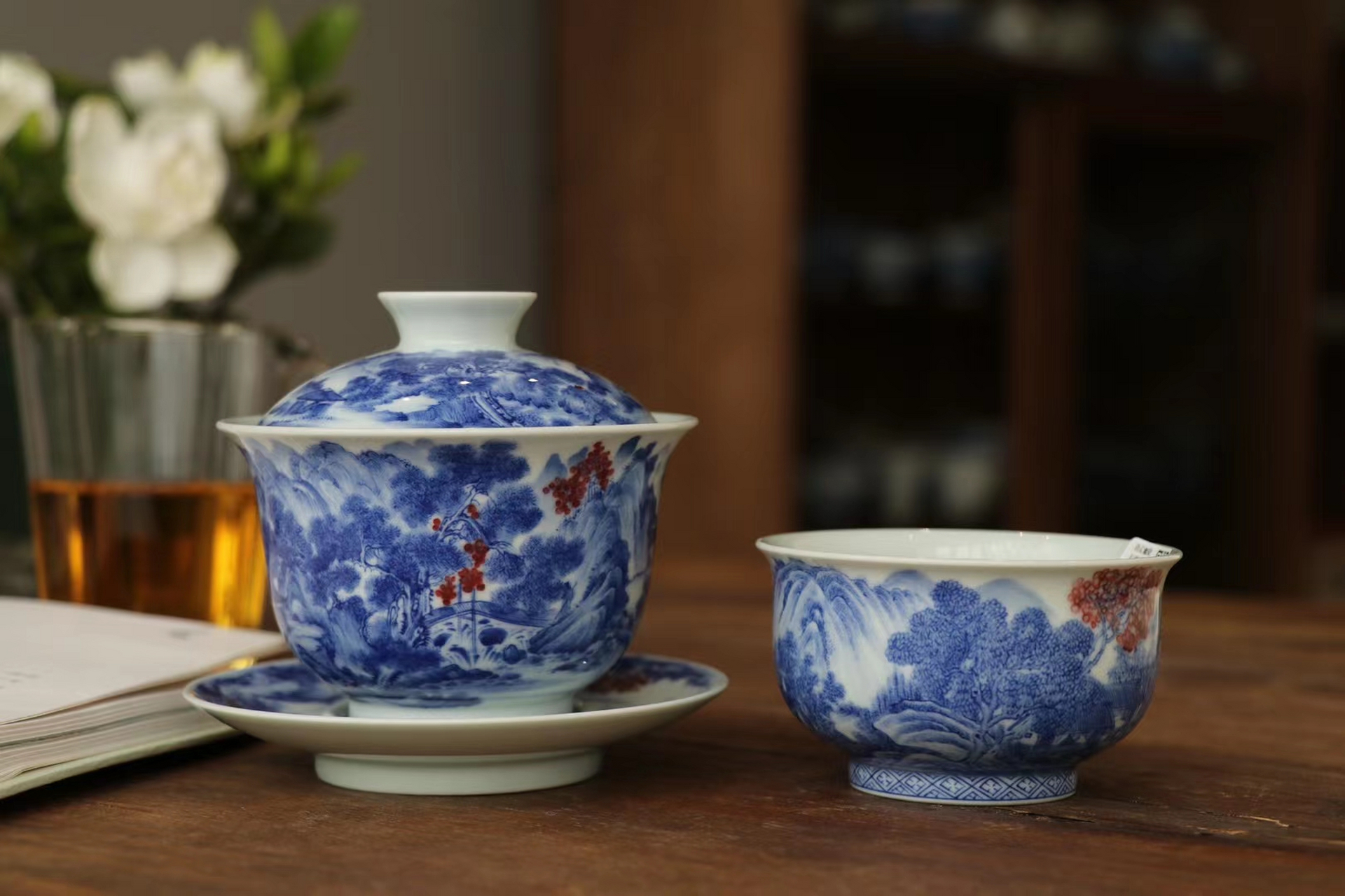 青花釉里红通景山水工笔细工手绘高端重器三才盖碗主人品茗儒仕杯炉式