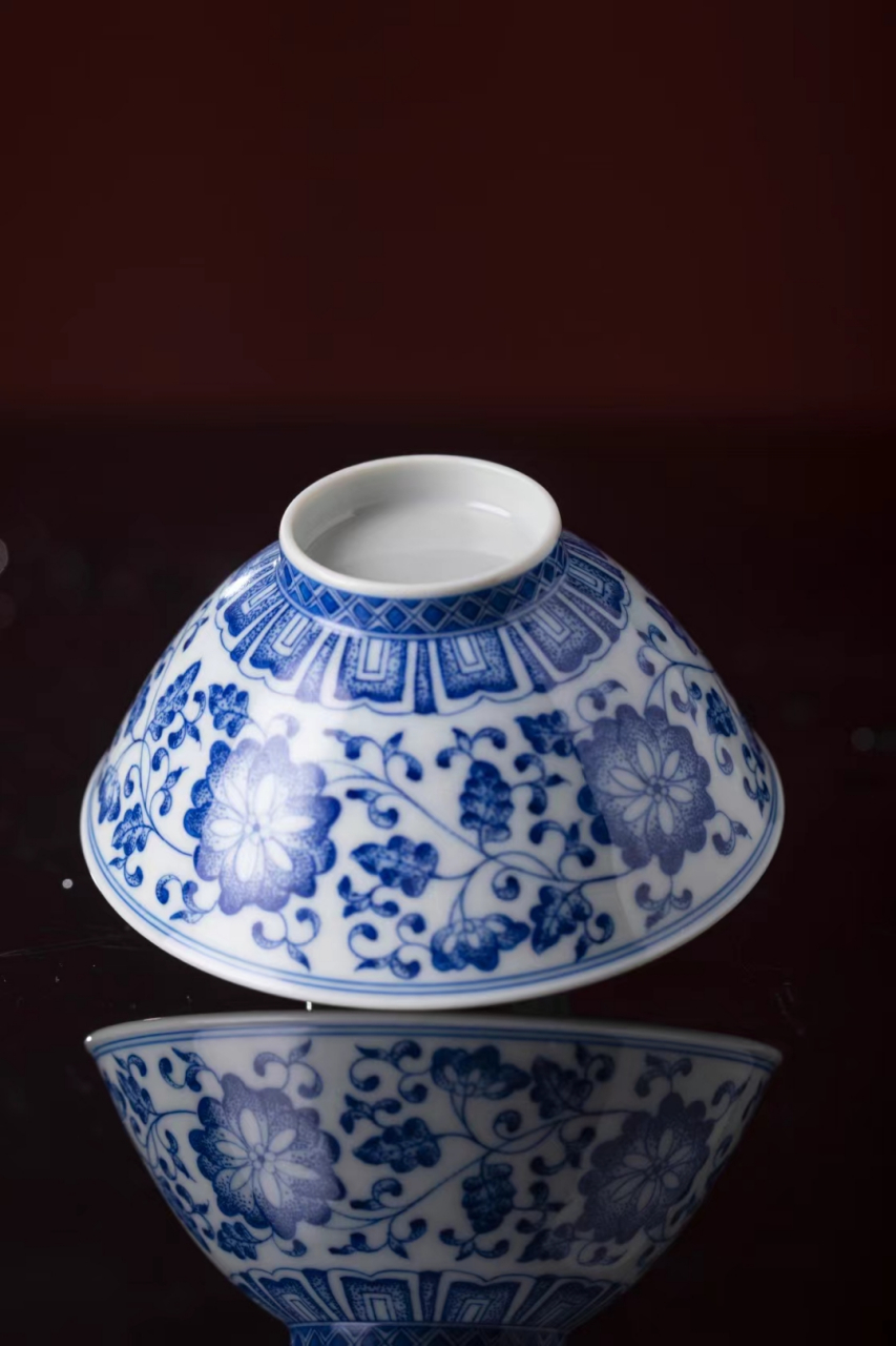 95景德镇经典陶瓷茶具手工仿古薄胎点工手绘青花缠枝纹功夫茶主人