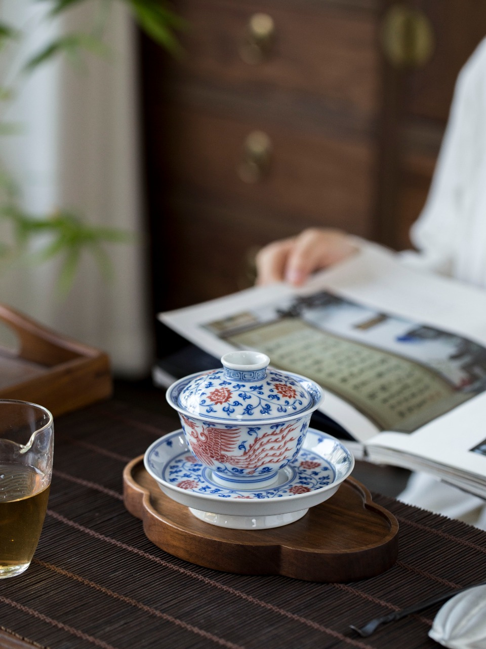 青花釉下红双凤缠枝三才盖碗岩茶泡茶器具仿古手工胎高脚托大气功夫