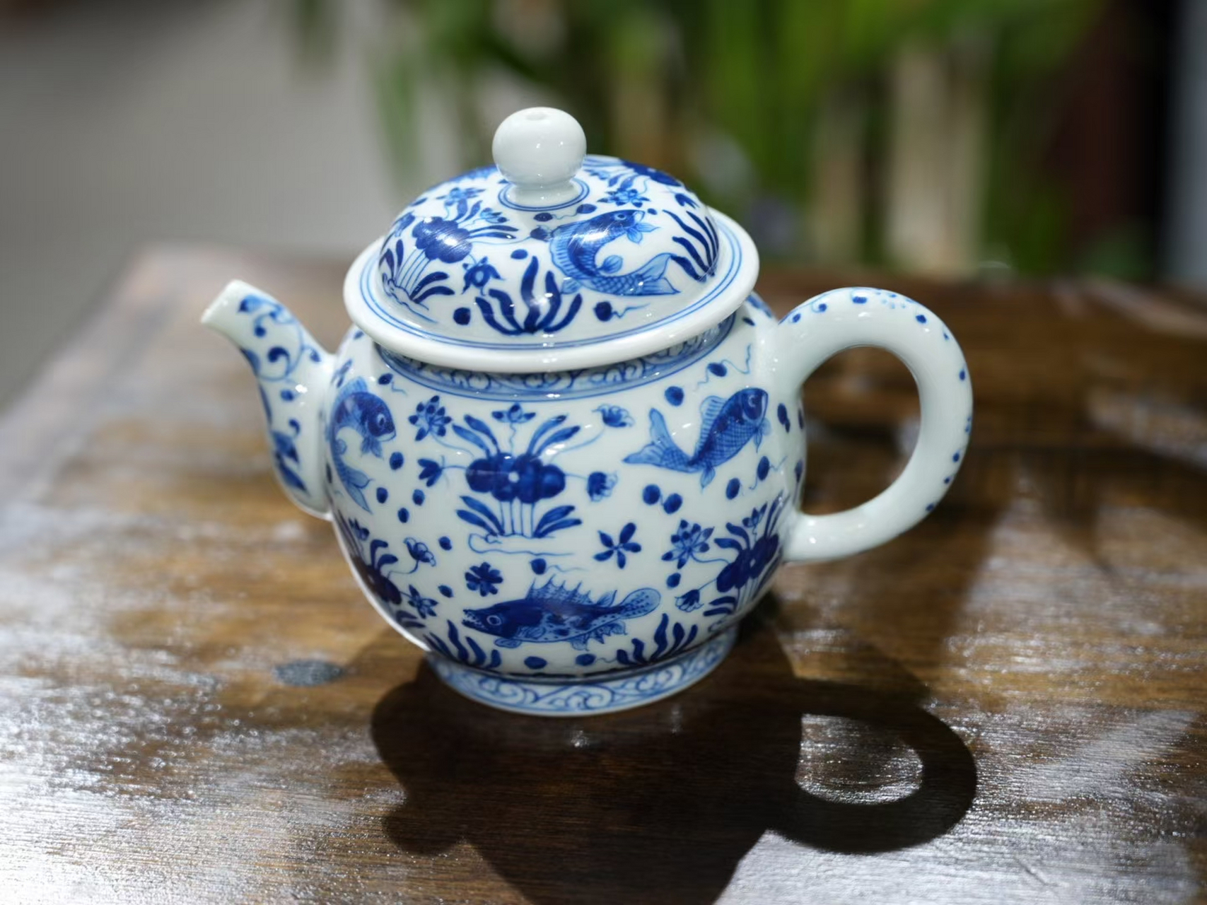 茶壶景德镇匠人古法手绘青花鱼藻纹泡茶壶经典纹饰球孔陶瓷壶功夫茶具