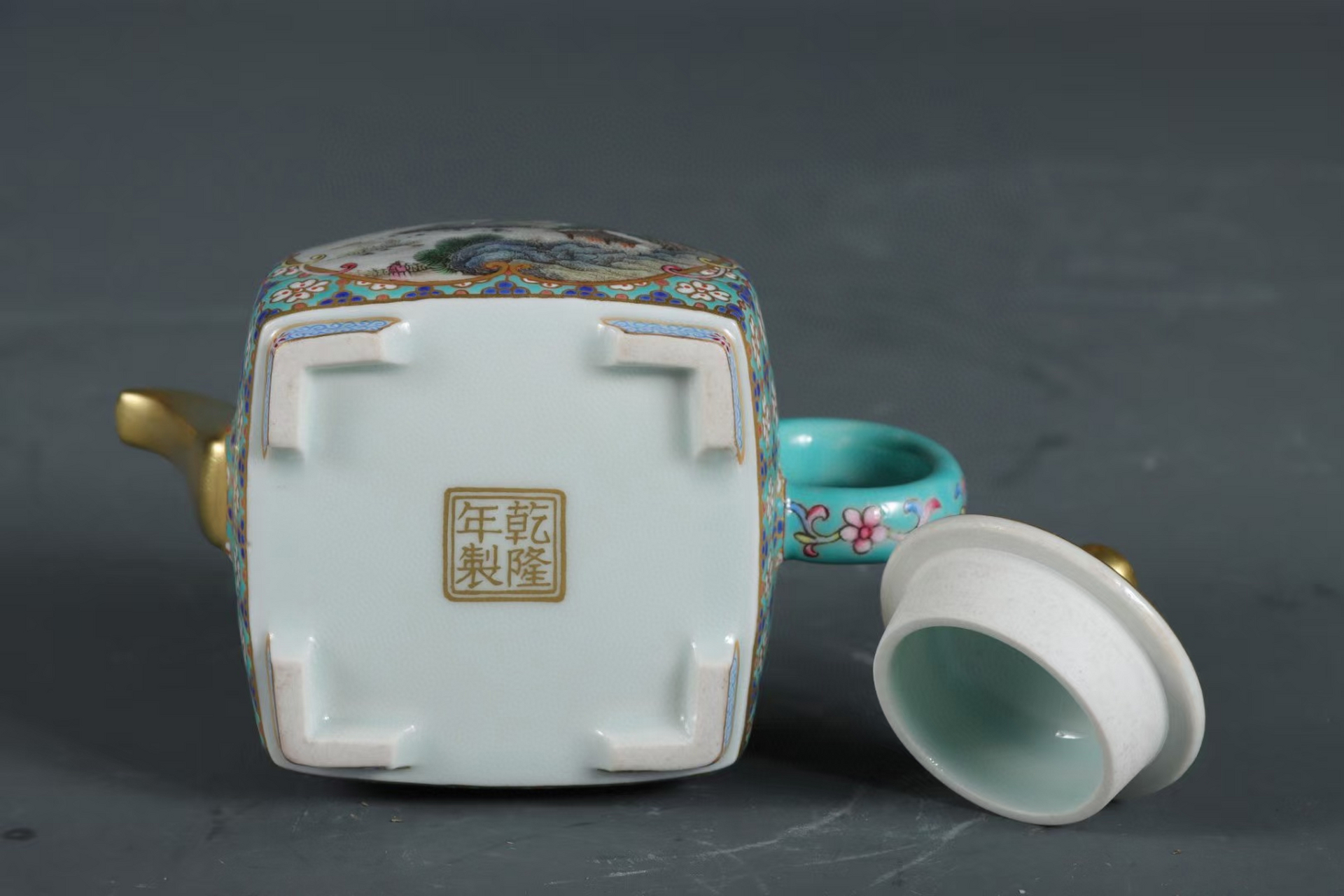 清乾隆精工仿古陶瓷茶器松石绿珐琅彩开窗粉彩描金山水纹高端收藏泡