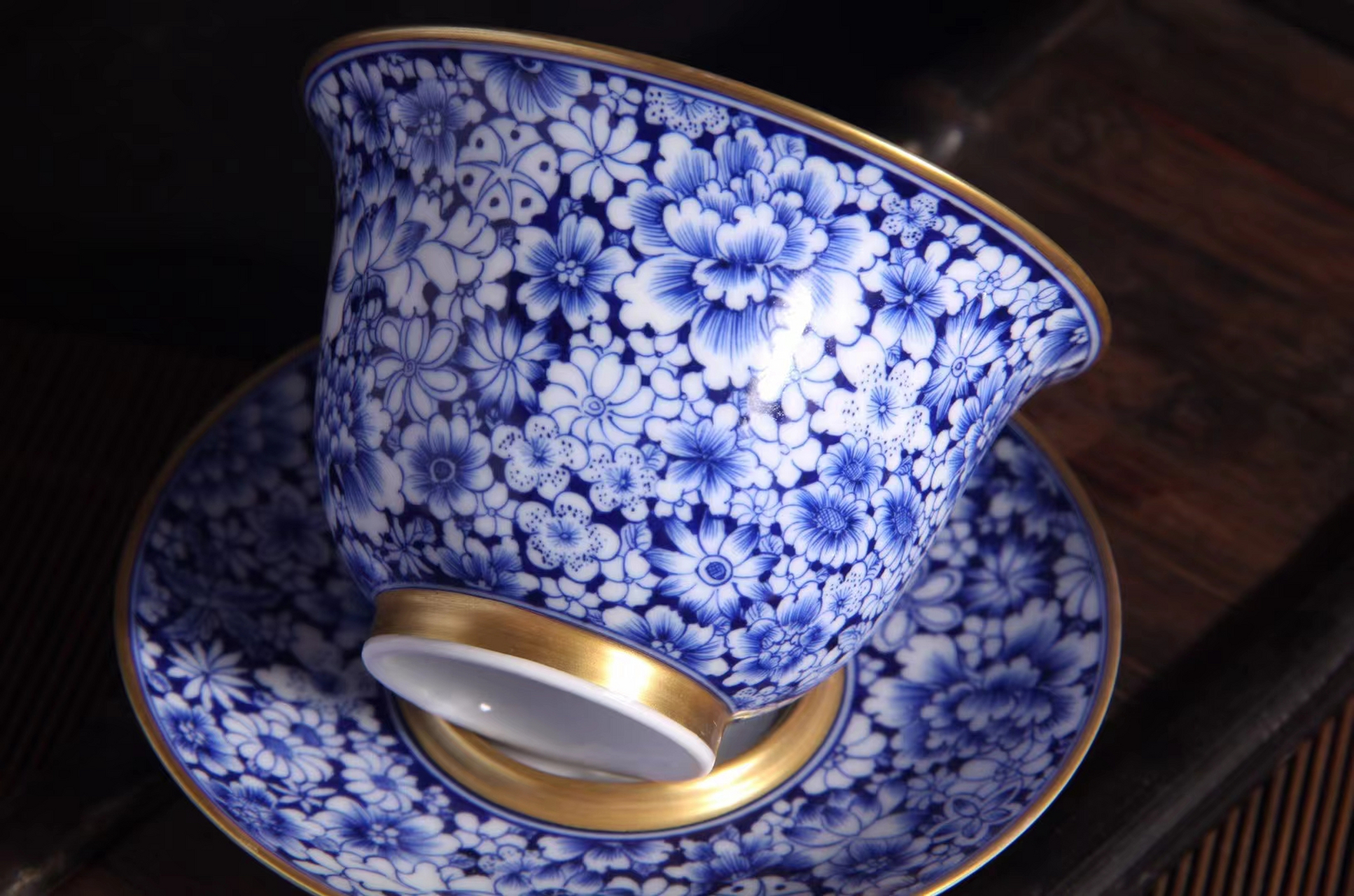 景德镇重工手作蓝地白描青花万花镶金三才功夫茶具泡茶盖碗 67容量