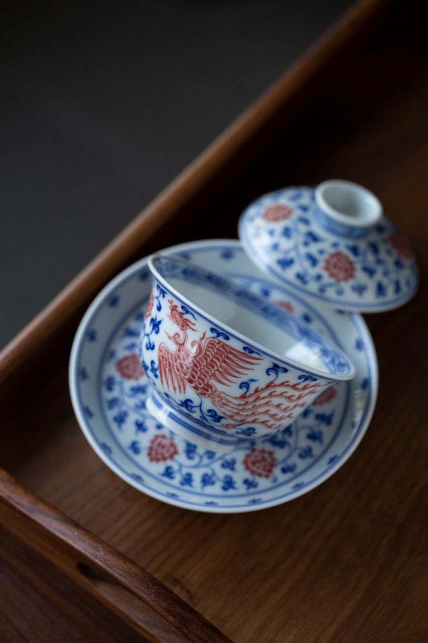 青花釉下红双凤缠枝三才盖碗岩茶泡茶器具仿古手工胎高脚托大气功夫