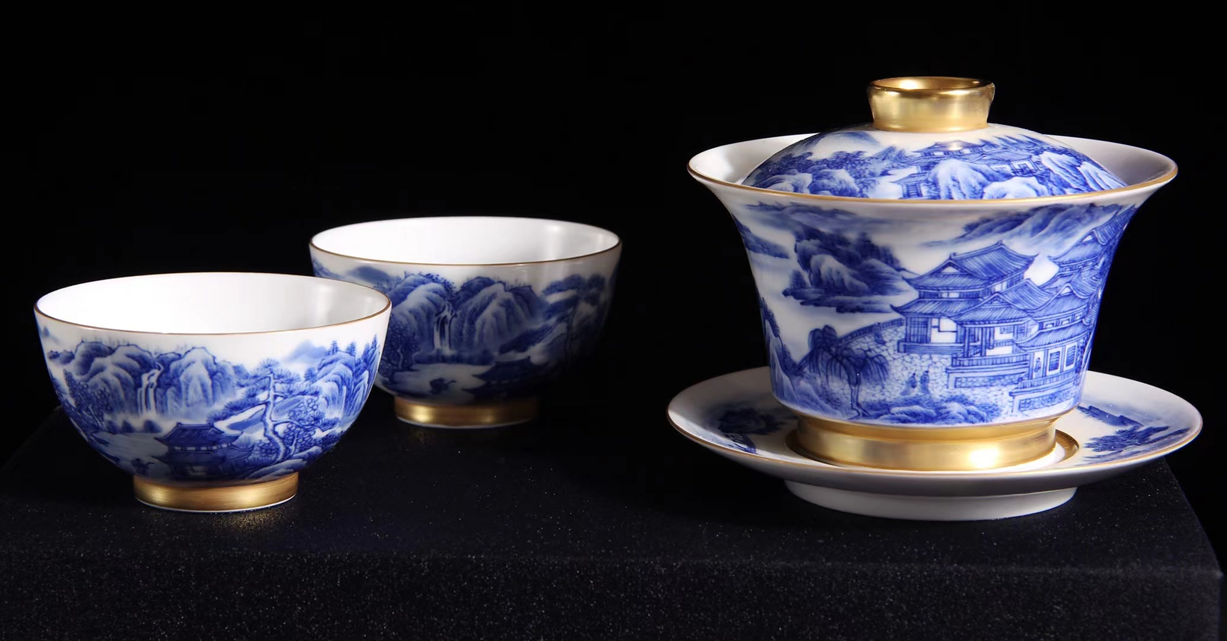 青花工笔手绘亭台楼阁山水镶本金高端茶器泡茶盖碗配品茗茶杯 盖碗