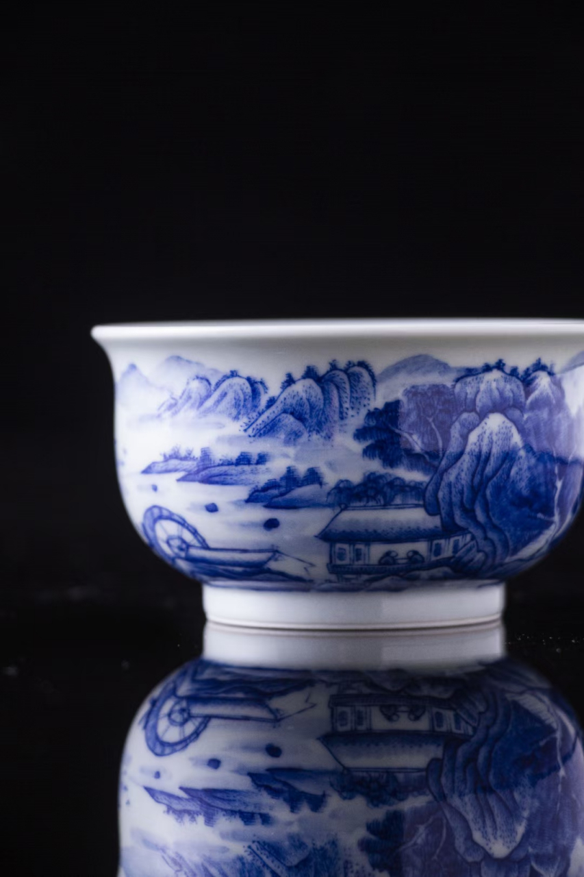 手绘青花内外满工通景细工山水主人杯景德镇柴窑珍藏款炉式品茗茶杯