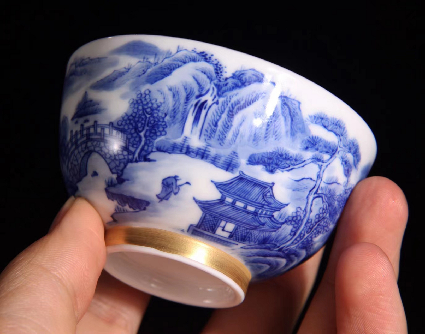 青花工笔手绘亭台楼阁山水镶本金高端茶器泡茶盖碗配品茗茶杯 盖碗